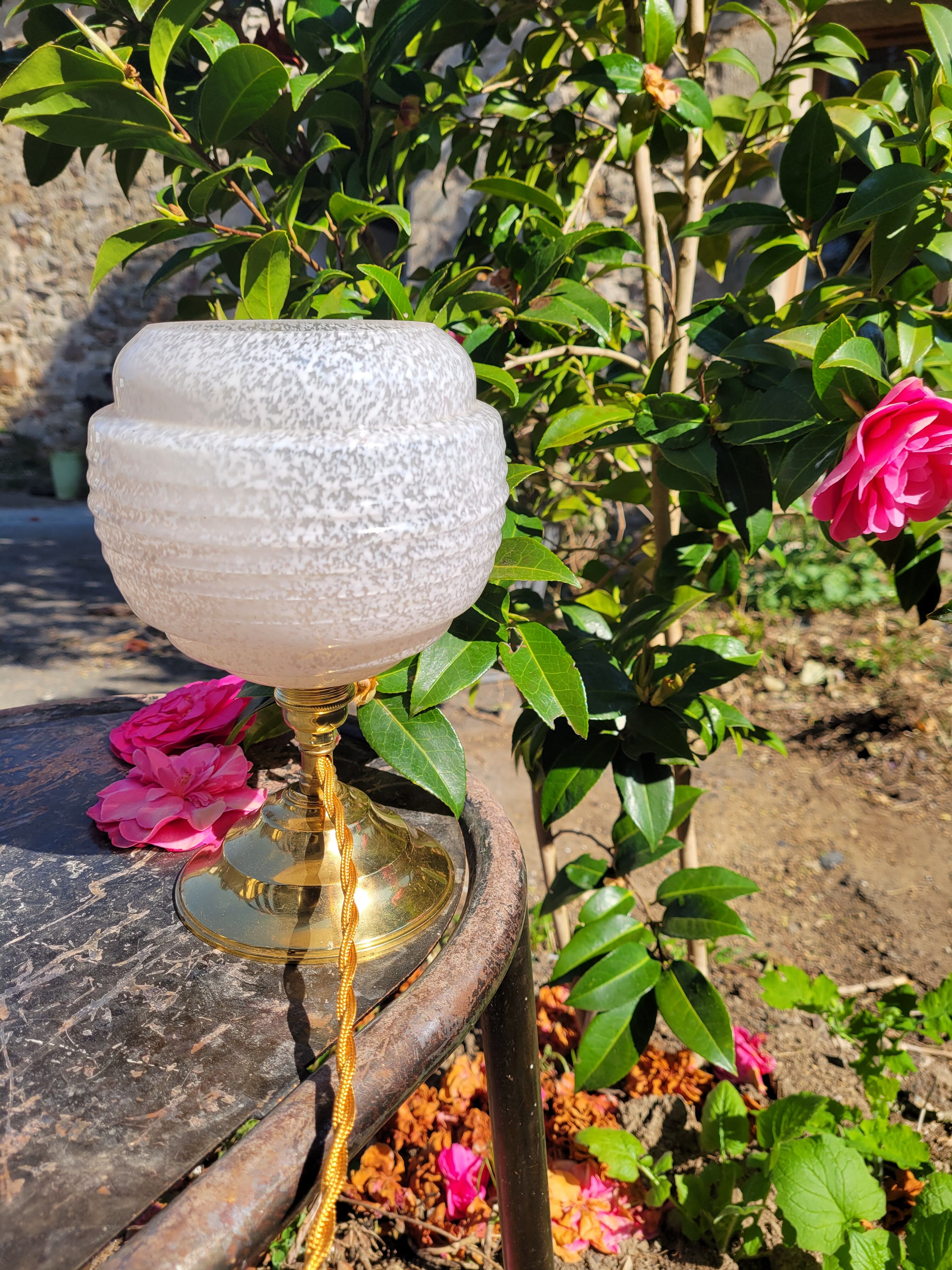 Clichy glass and brass globe lamps