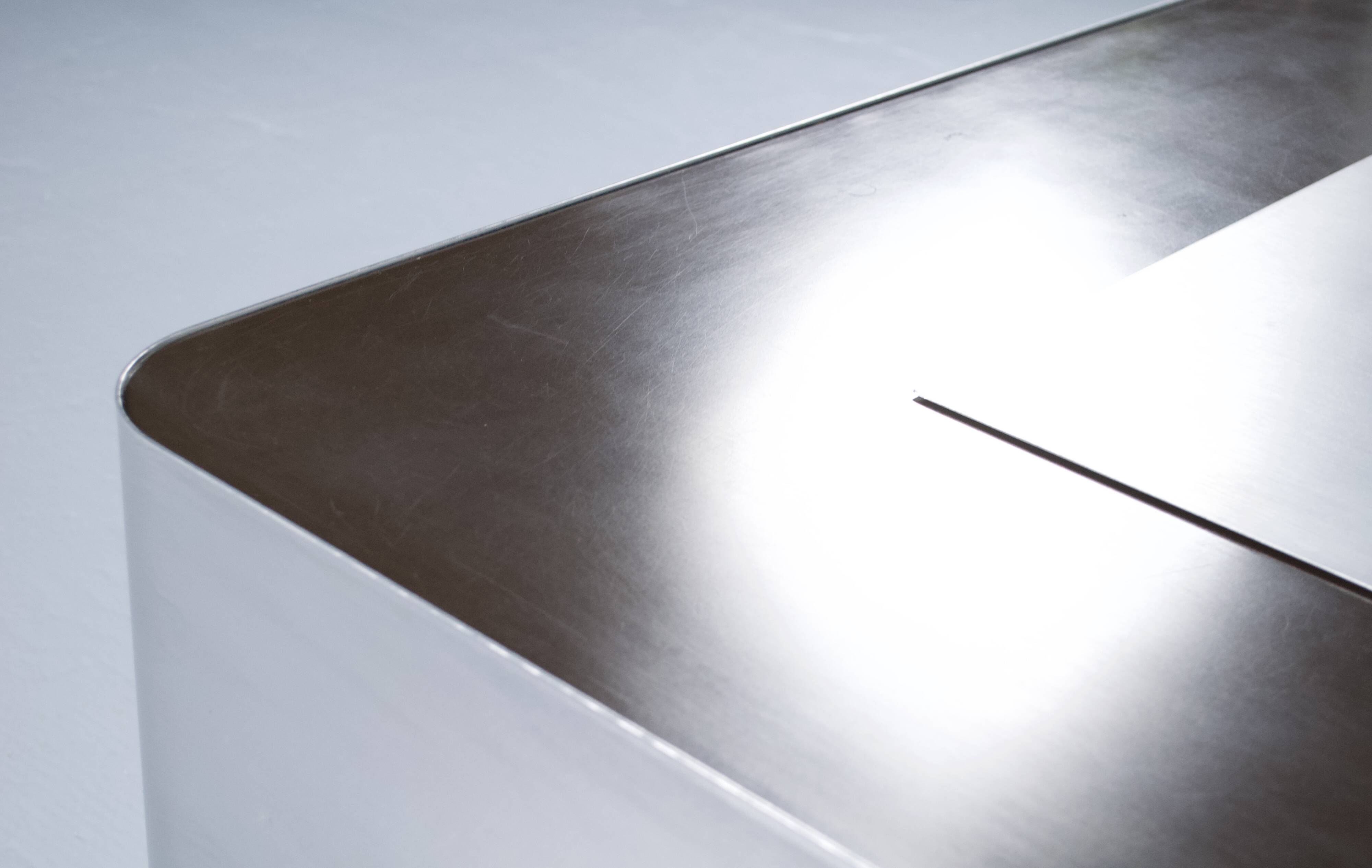 1970s COFFEE TABLE BAR BRUSHED STEEL AND BROWN MELAMINE