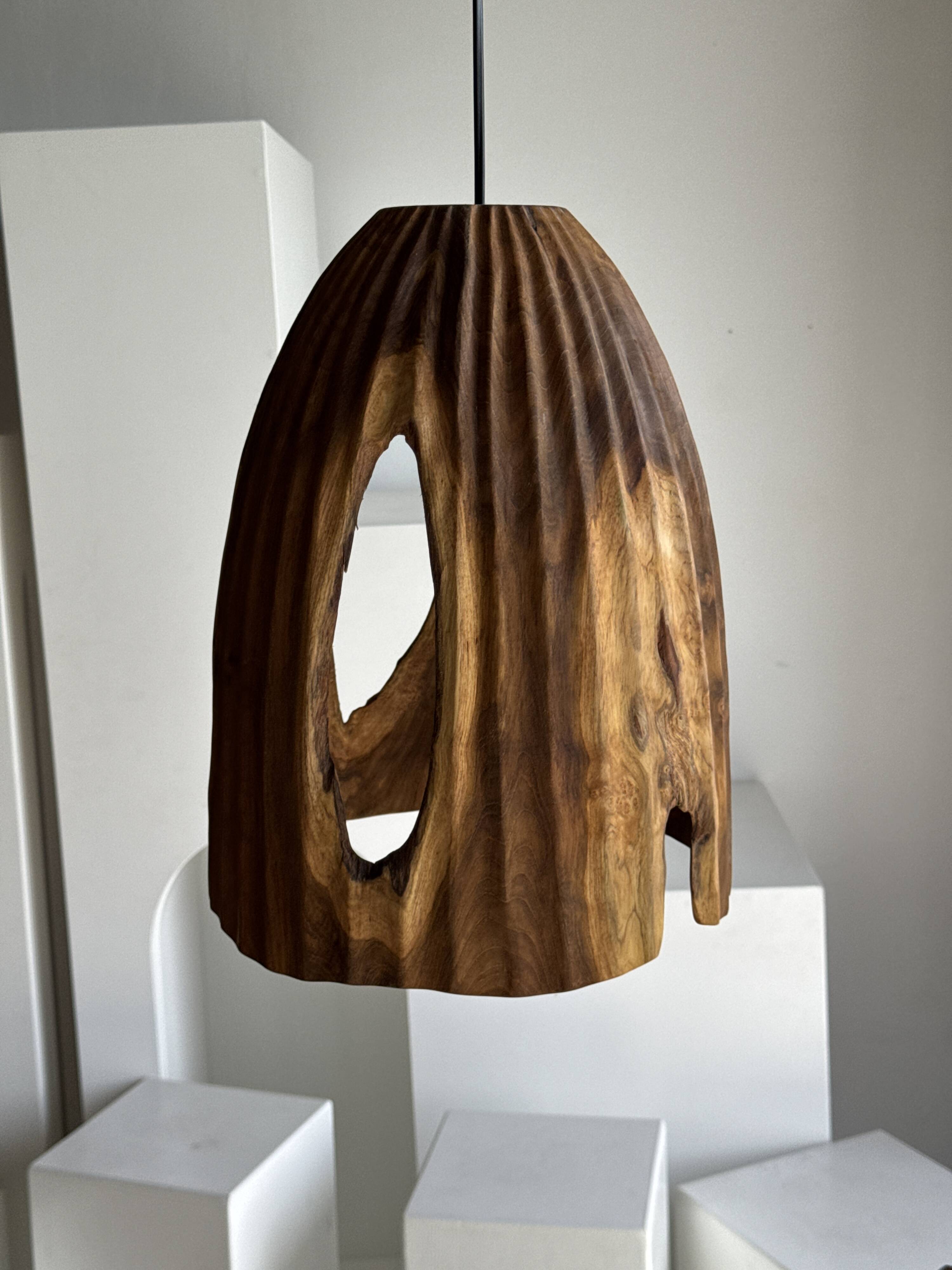 Large suspension or lampshade in organic natural teak, tubular H40 D30.