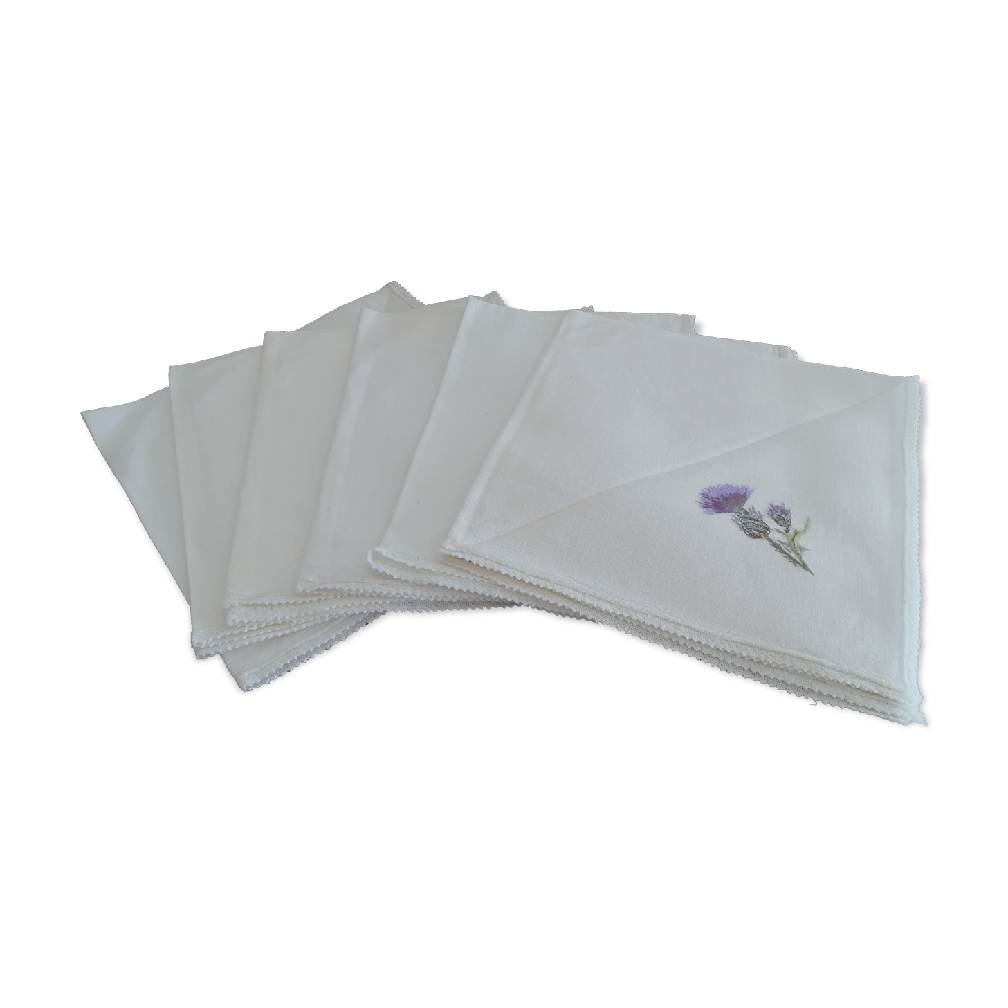 6 napkins embroidered old white cotton and flowers 43 x 43