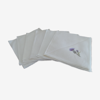 6 serviettes de table brodées anciennes coton blanc et fleurs 43 x 43