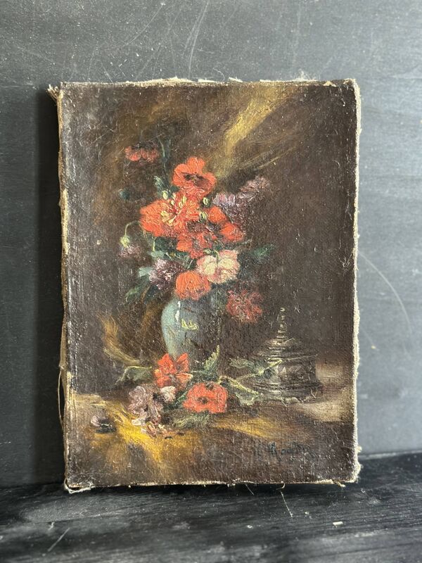 Tableau ancien fleurs signé avec cadre en bois et stuc doré, XIXe