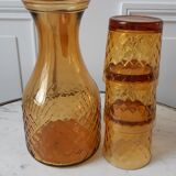 Set of carafe and 3 amber whisky glasses 70s