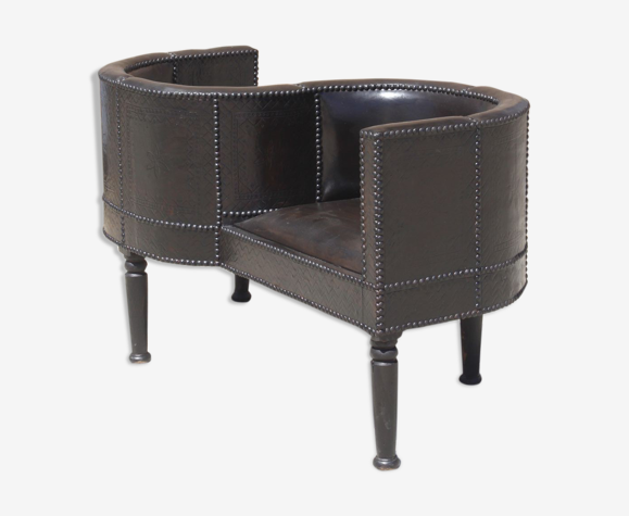 Fauteuil vis à vis dit confident en bois et cuir fin XIXème
