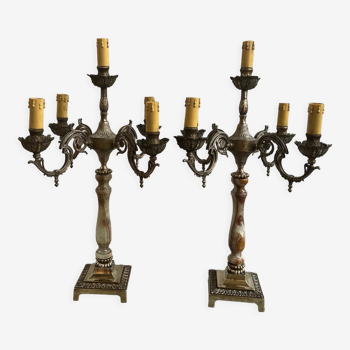 Pair of candle holders bronze, onyx, brass