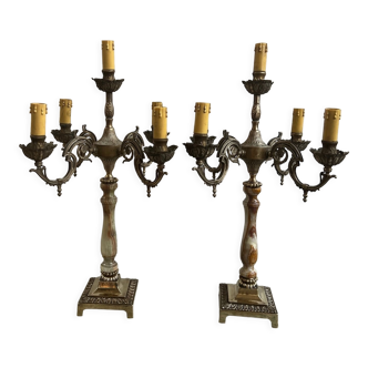 Pair of candle holders bronze, onyx, brass