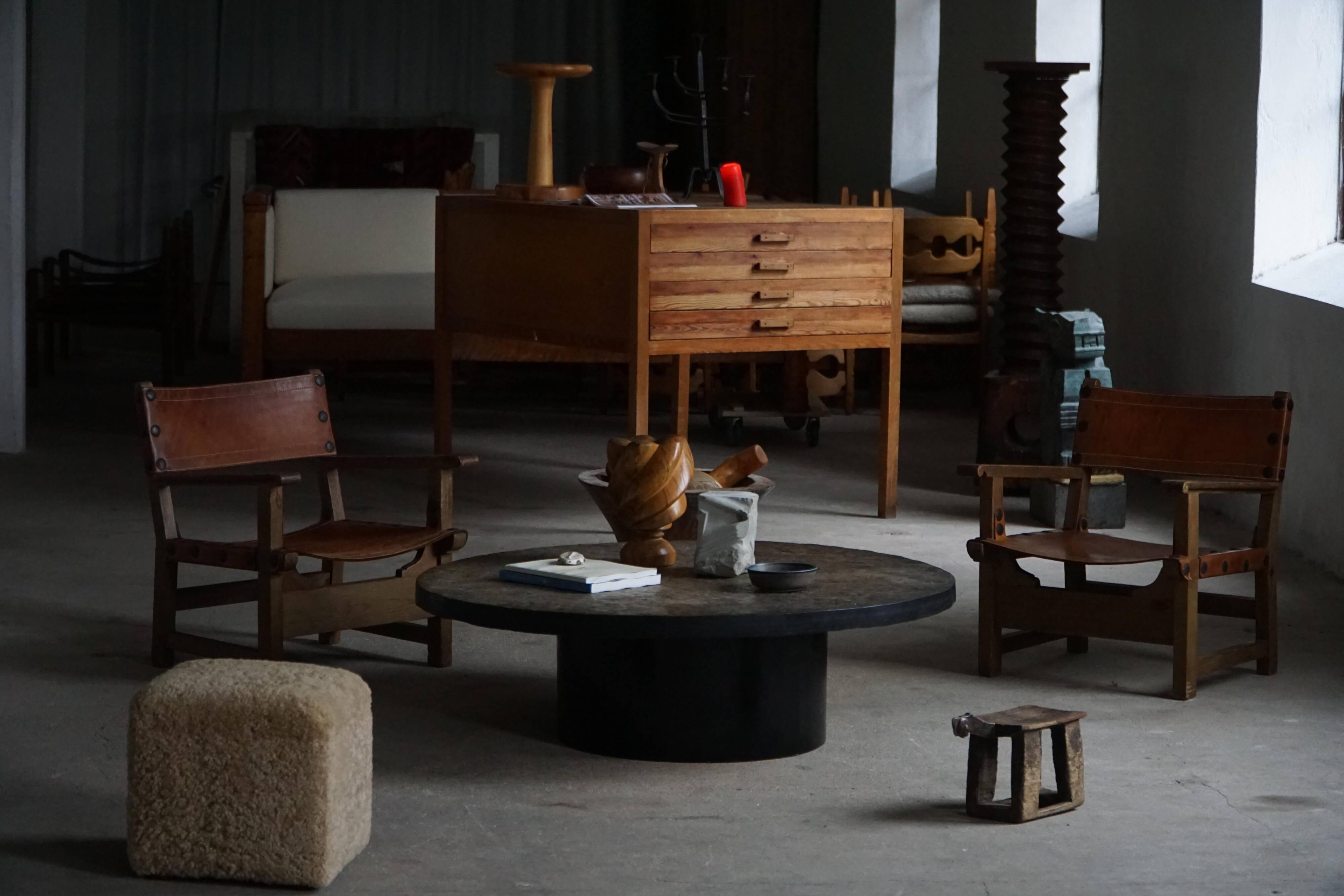 Pair of Spanish brutalist armchairs from the 1960s, wood and leather.