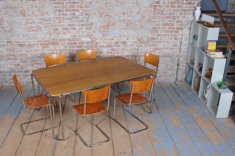 Bauhaus Dining Table, attributed to R. Slezák, Chrome, Polished Oak, Czech, 1930s