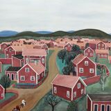 Peinture à l’huile de paysage de style naïf suédois du milieu du siècle, encadrée