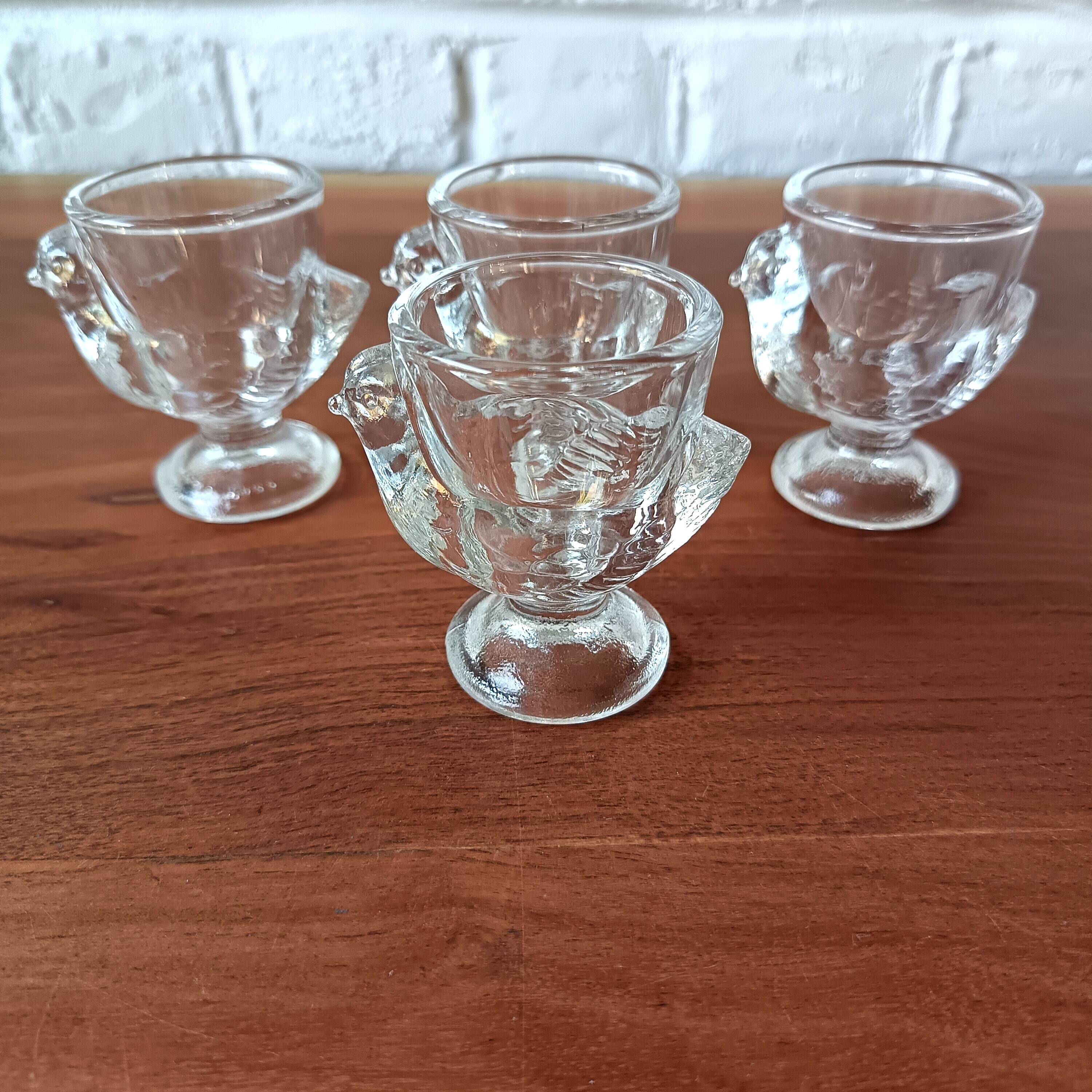 4 VINTAGE French egg cups, transparent glass, hen shape