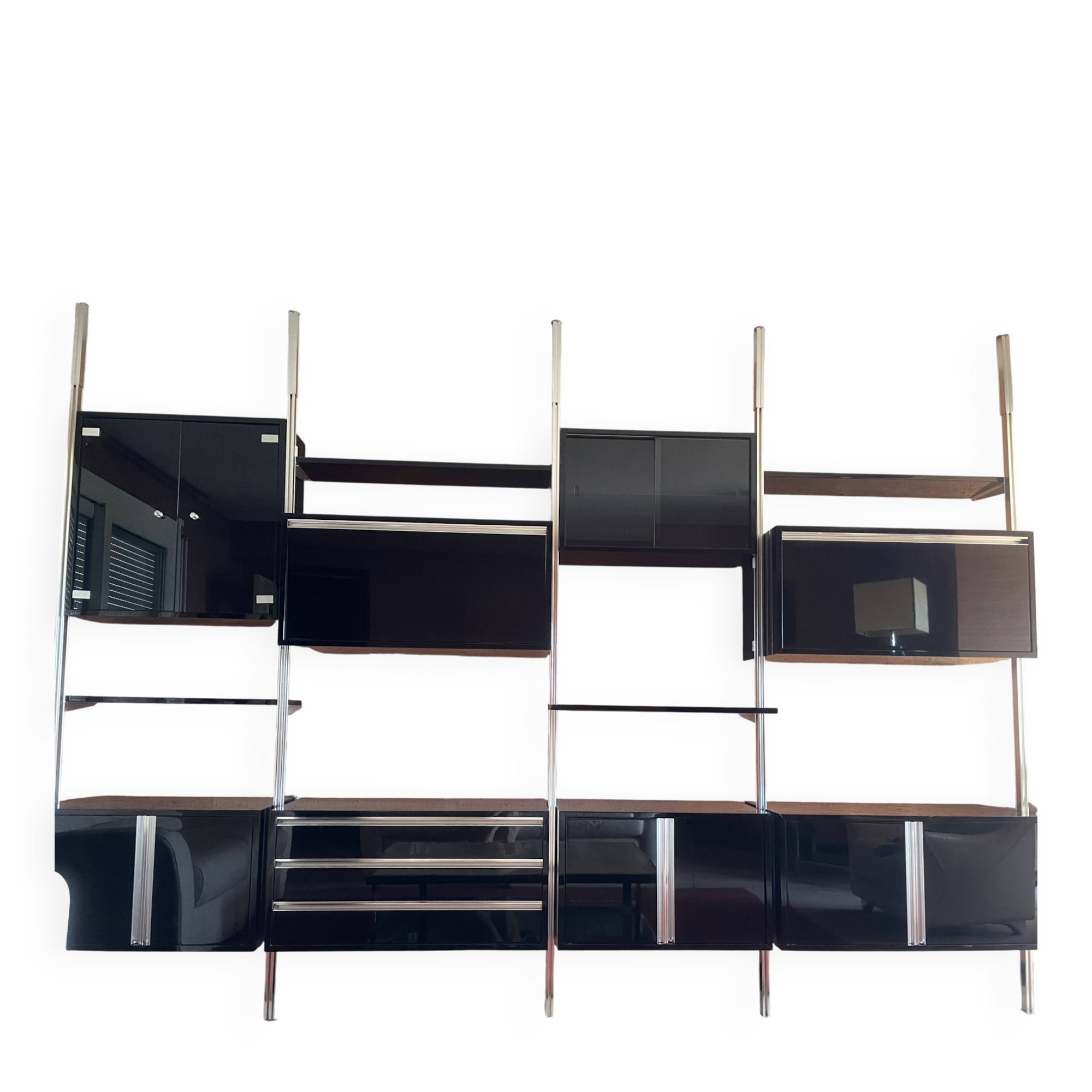 Large modular wall system Roche Bobois from the 70s – wood, black lacquered and