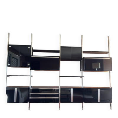 Grand système mural modulable Roche Bobois années 70 – bois, laqué noir et
