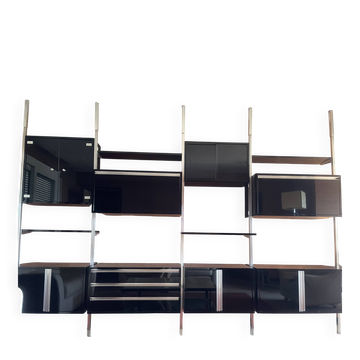 Grand système mural modulable Roche Bobois années 70 – bois, laqué noir et