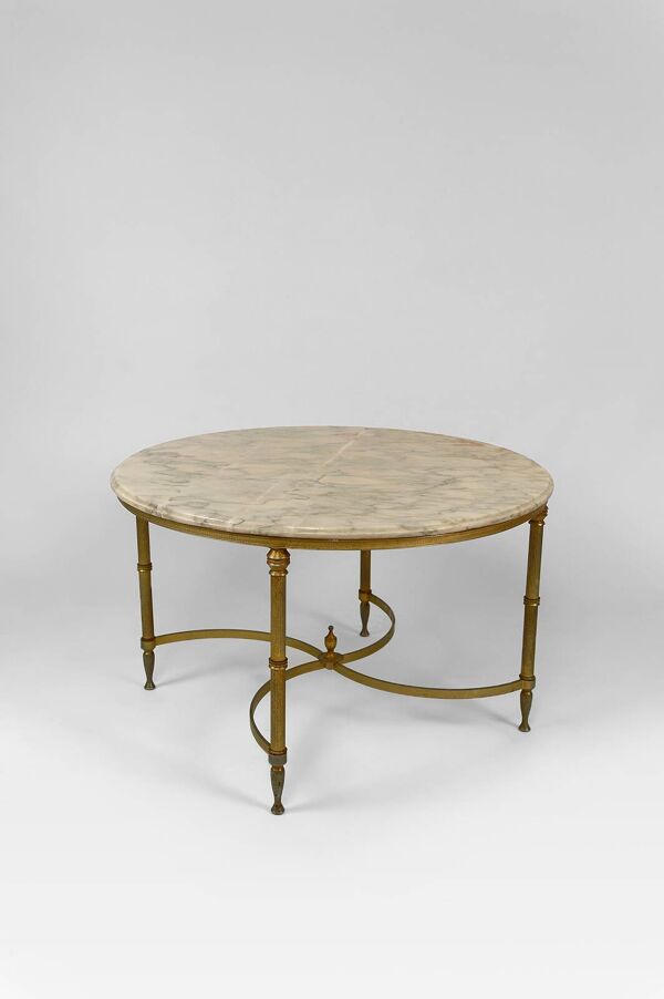 Table basse ronde néoclassique, Laiton et Marbre, France, circa 1960