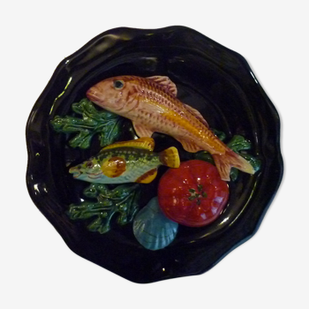 Assiette barbotine décorative vintage poissons