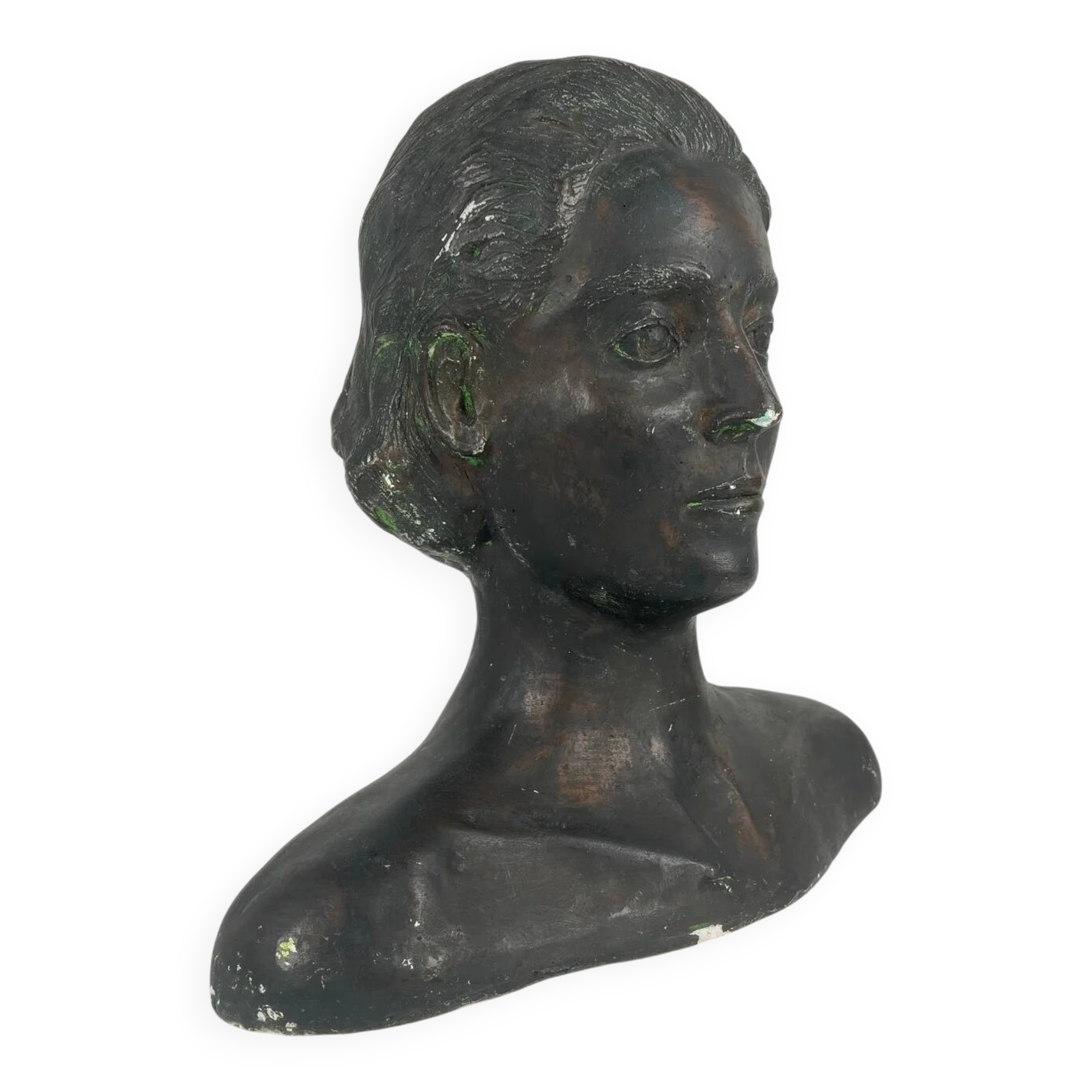 Female bust in neoclassical style in plaster by M. Mongey, 20th century.