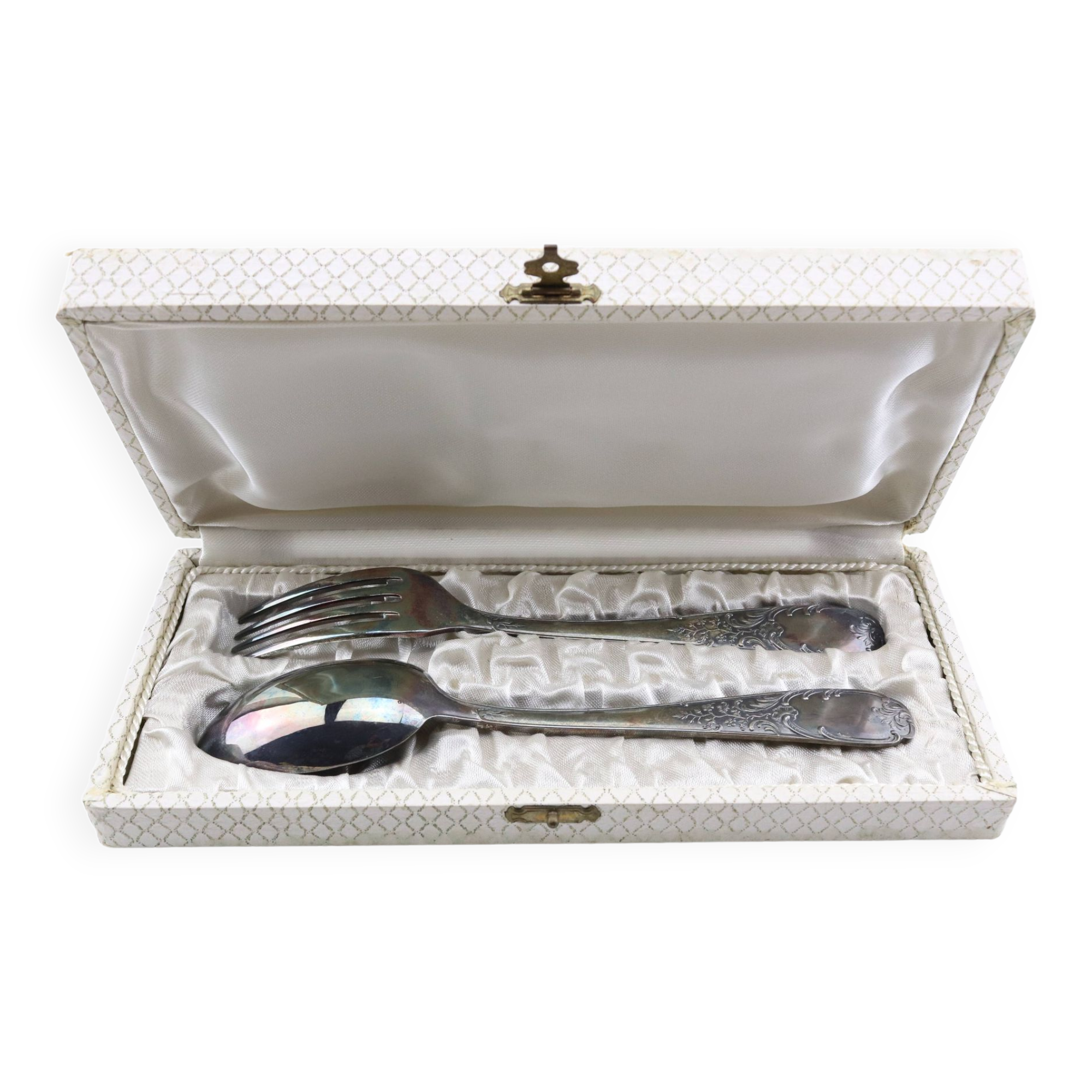 Old covered box in silver or silver metal spoon and fork with hallmarks