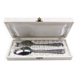 Old covered box in silver or silver metal spoon and fork with hallmarks