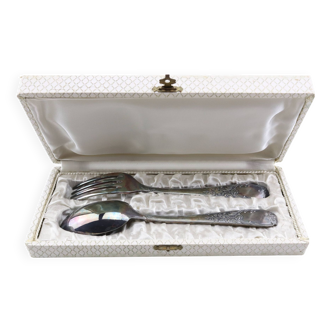 Ancien coffret couvert en argent ou métal argenté cuillère et fourchette avec poinçons