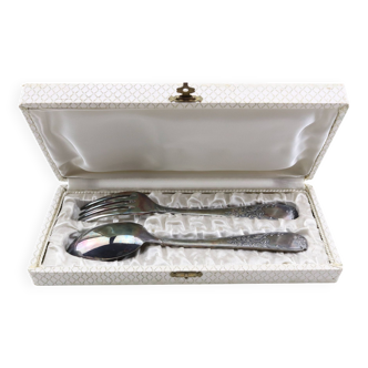 Old covered box in silver or silver metal spoon and fork with hallmarks