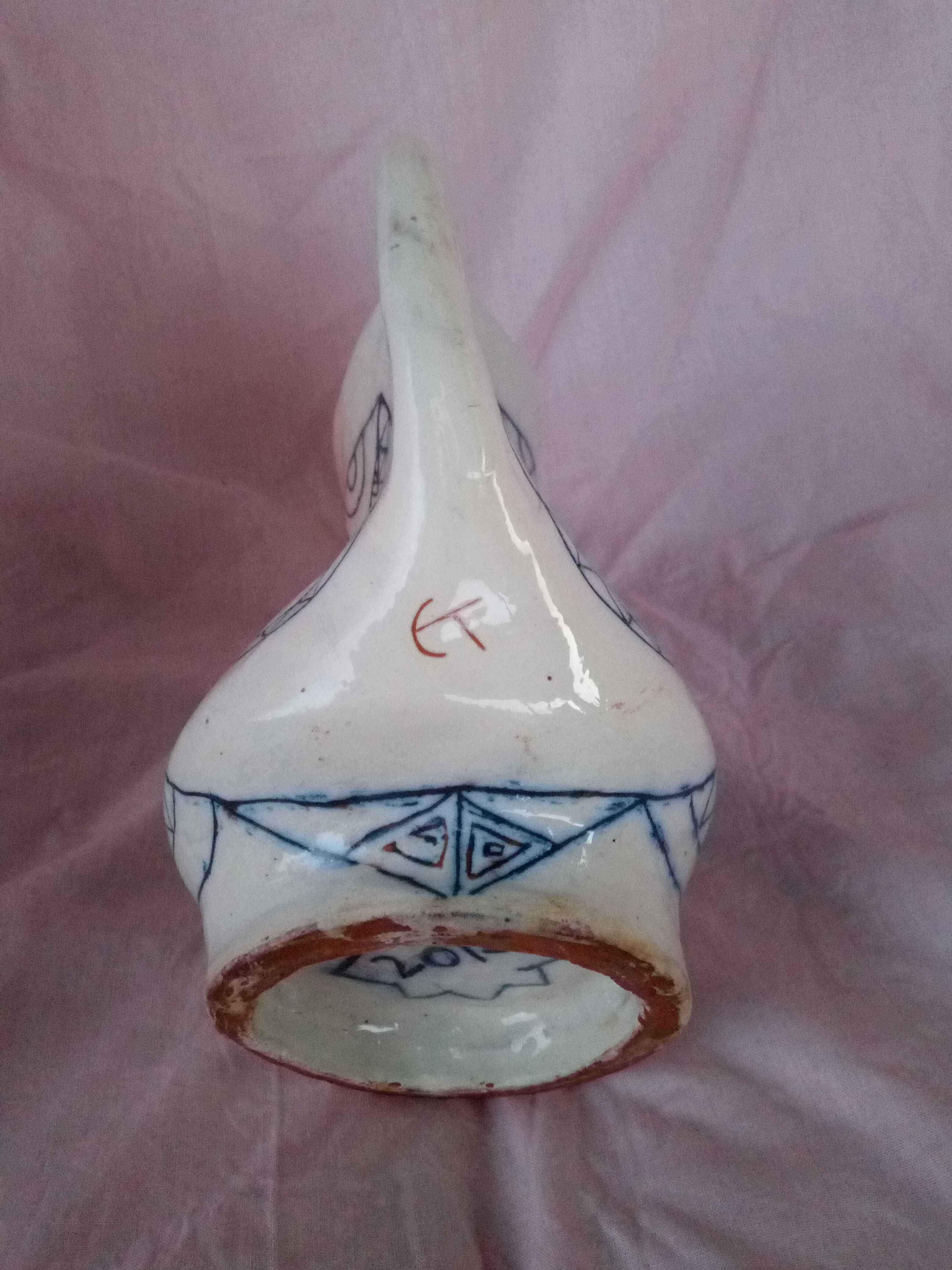 Zoomorphic pitcher in enamelled terracotta