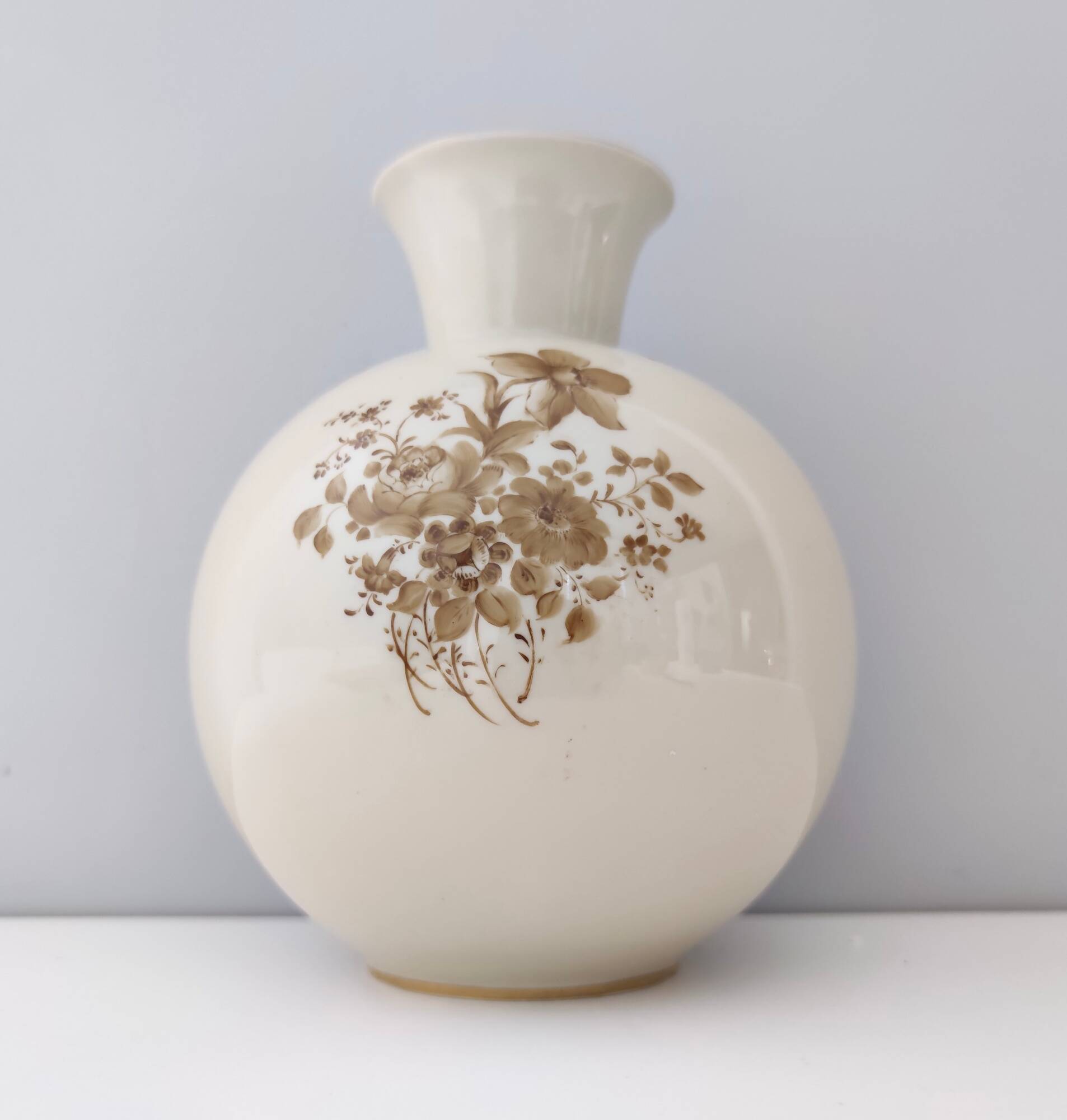 Ivory Ceramic Vase with Brown Floral Details by Rosenthal, Italy