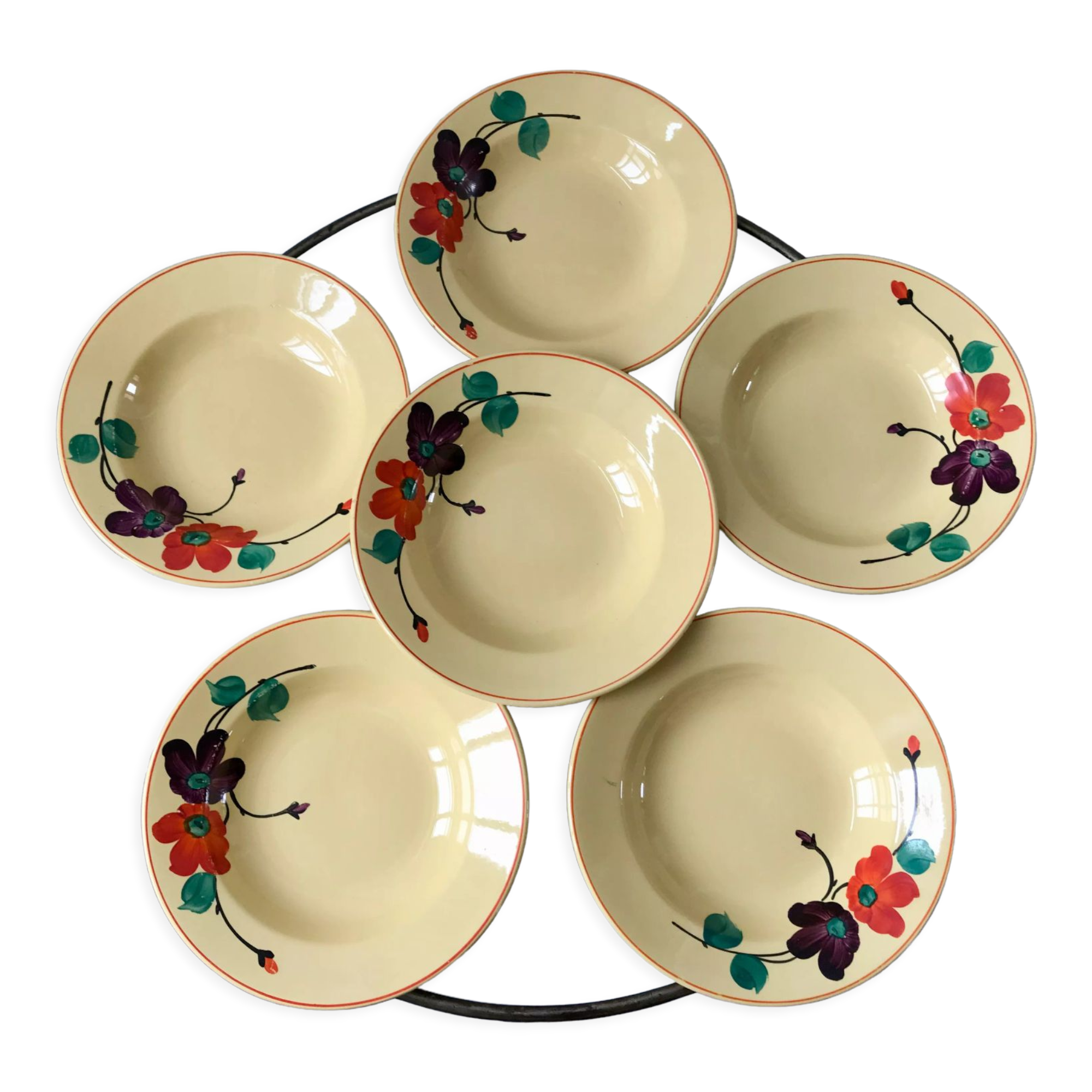 Set of 6 hollow plates digoin sarreguemines model "ginette" years 30-40