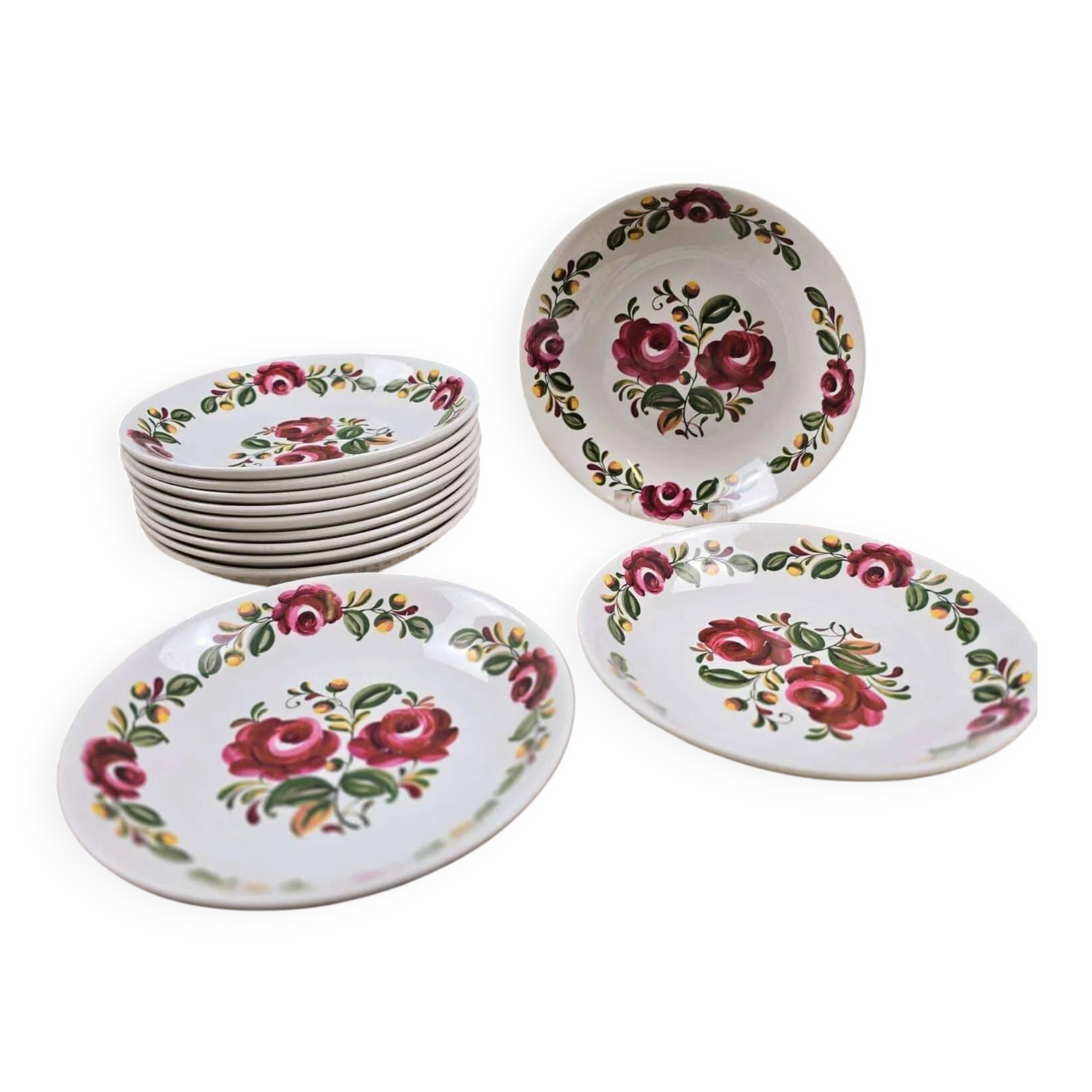 Ensemble de 12 assiettes creuses Moulin des Loups Ottawa – Fleurs bordeaux