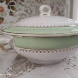 Soup tureen in water green with golden frieze, Cafés Lemaire.