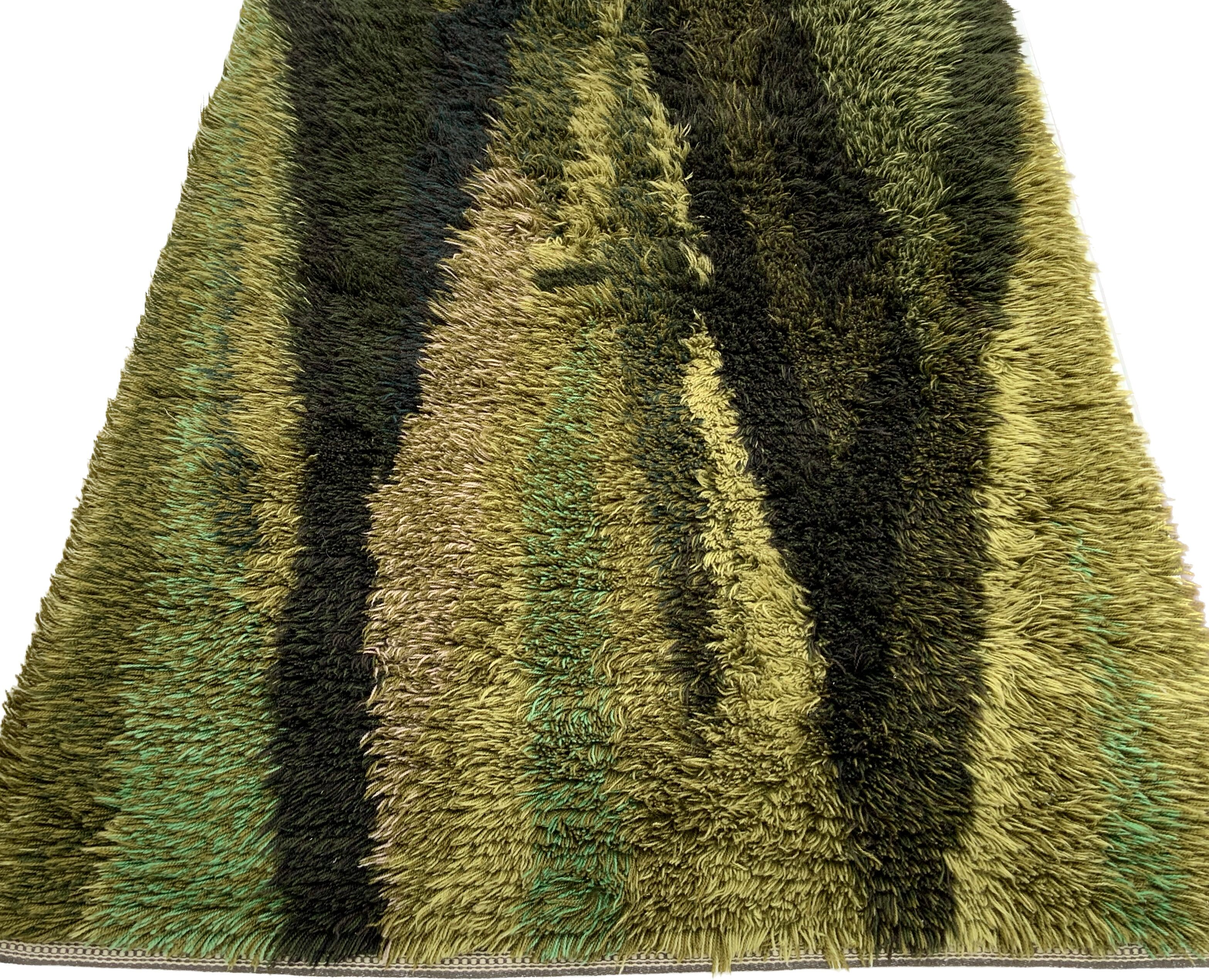 Green scandinavian modernist design wool rya rug woven handmade vintage 1960s