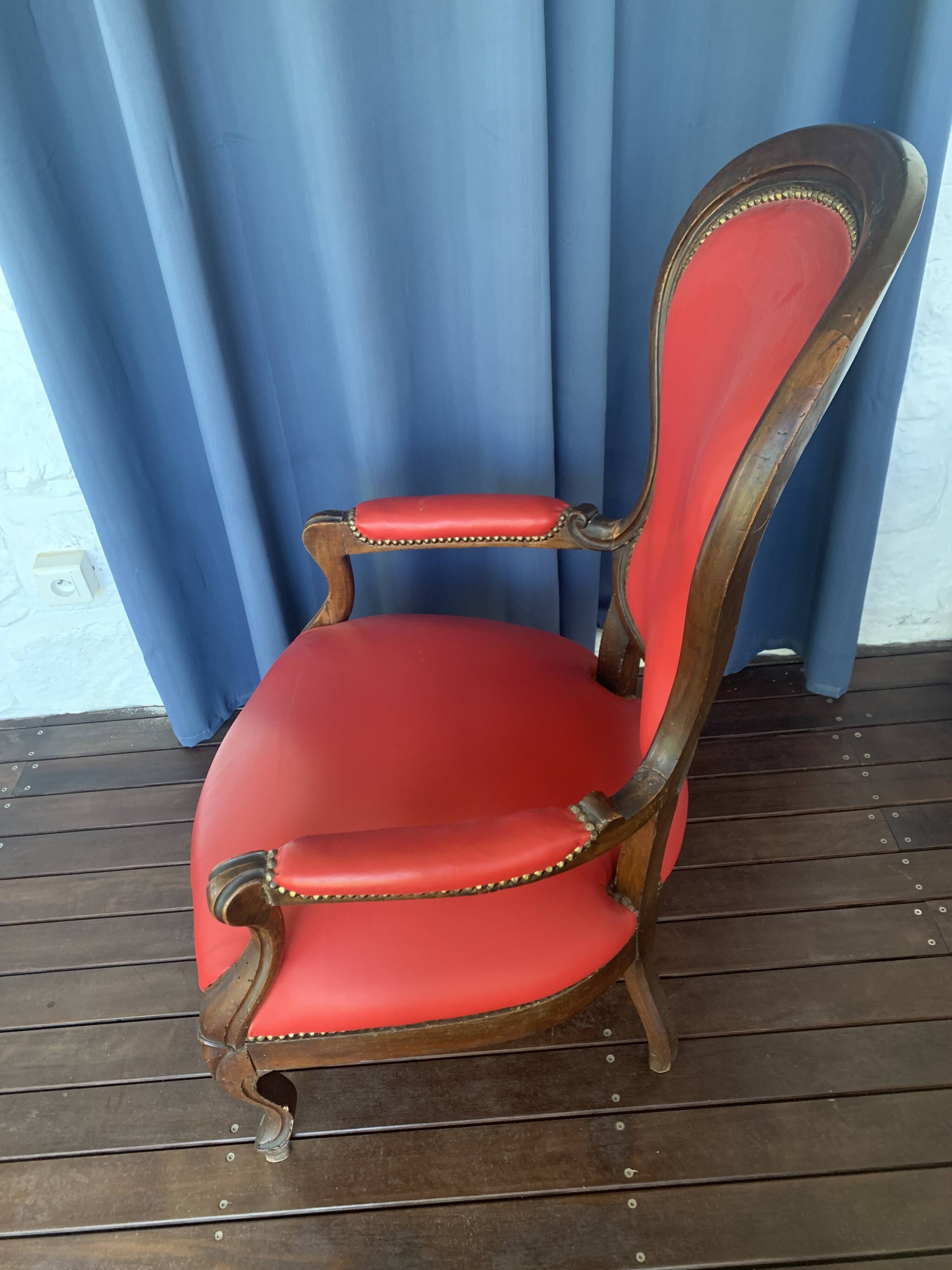 Antique solid wood armchair – Louis XV style – red upholstery, 19th century