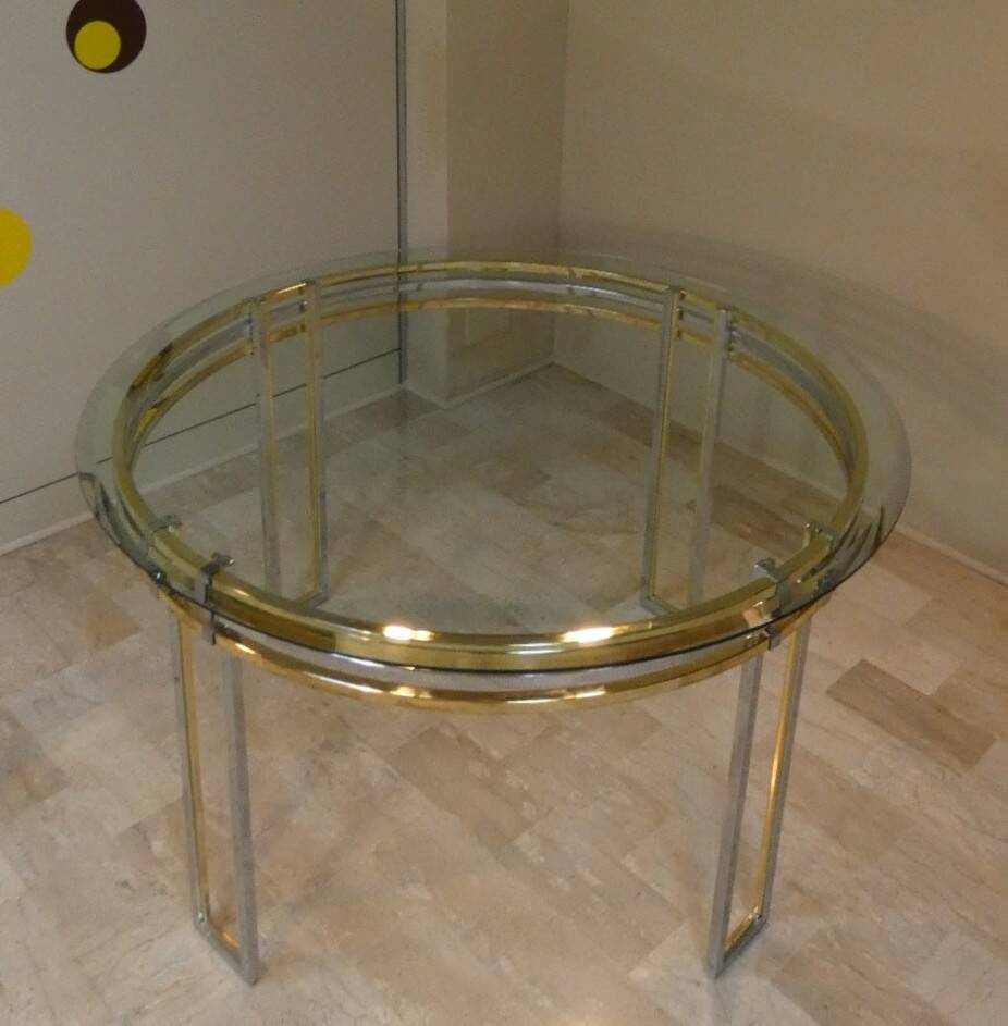 Dining table in chrome and gold steel, Romeo Rega style, Italy, 1970s.