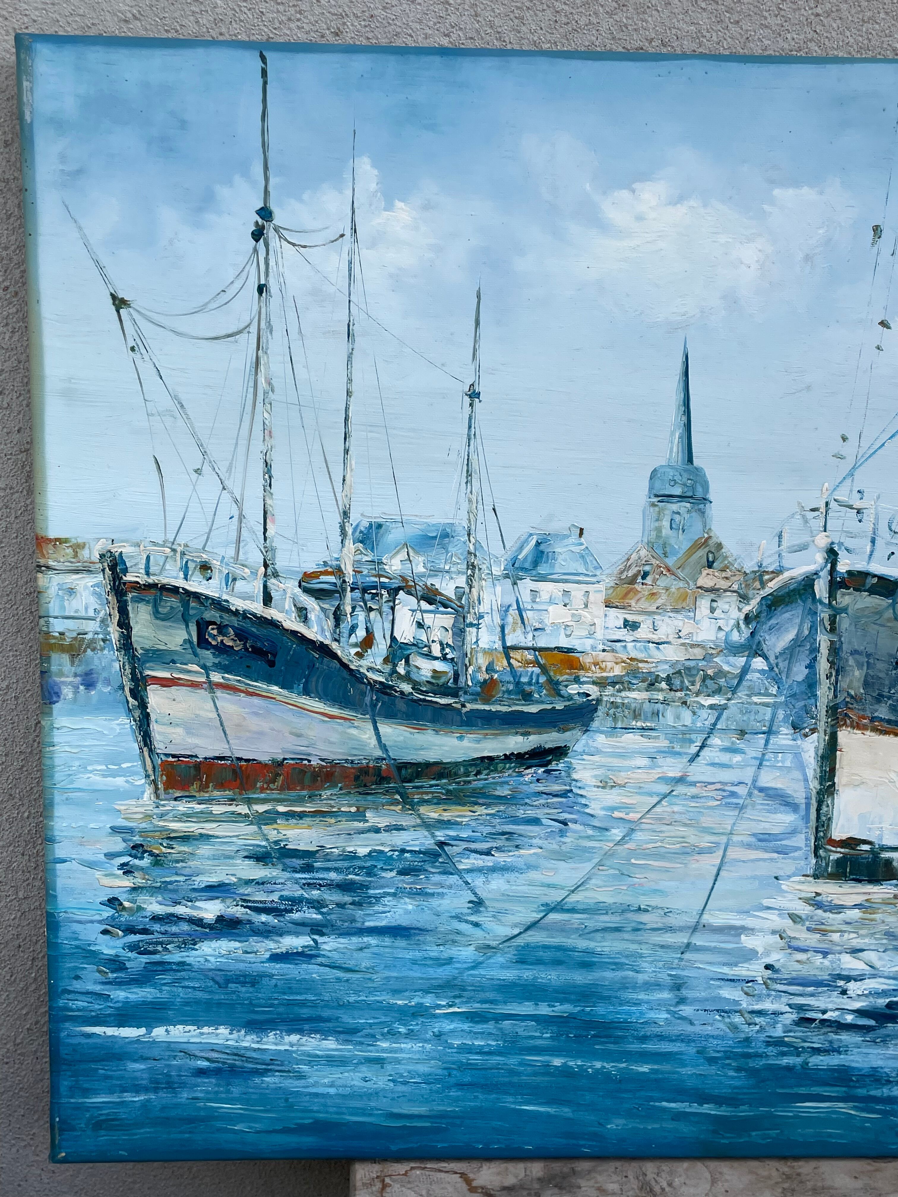 Marine, oil on canvas "Bâteaux les sables d'Olonne" signed Rossini