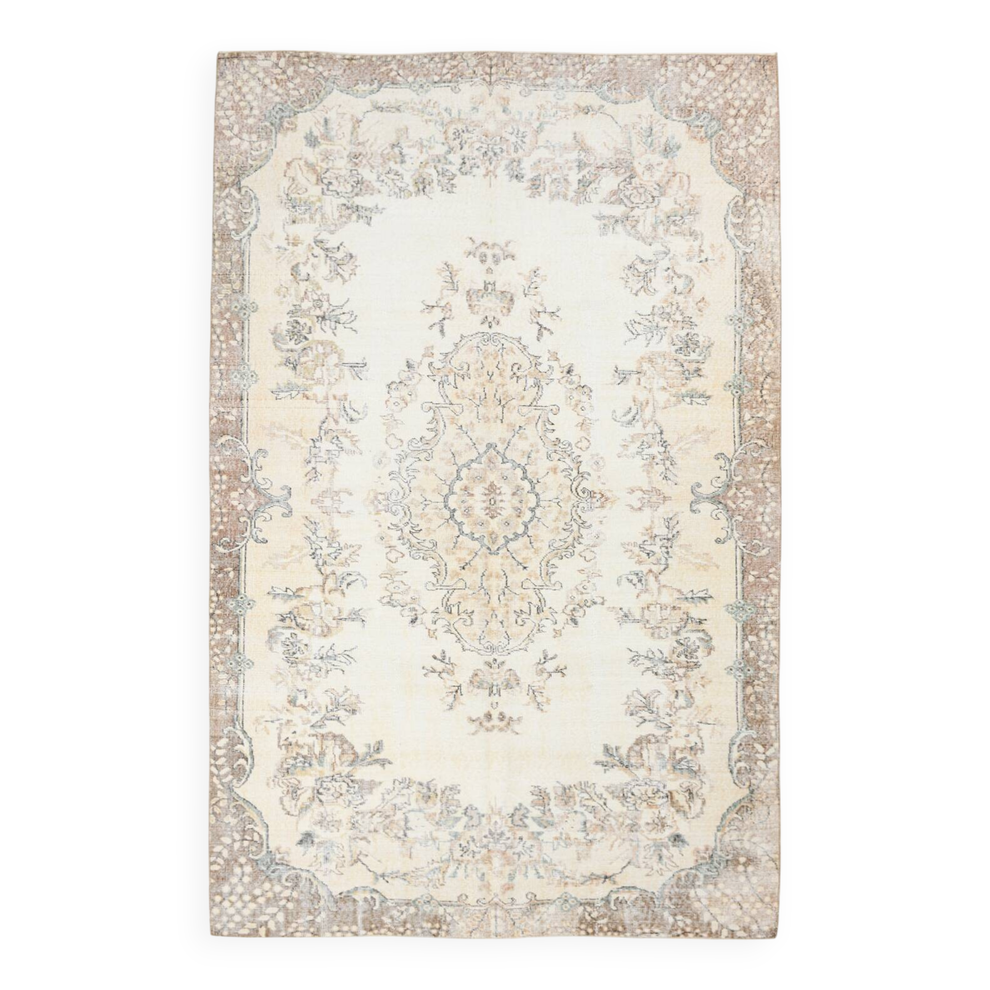 6x10 Cream & Brown Oriental Floral Pattern Vintage Rug, 193x298Cm