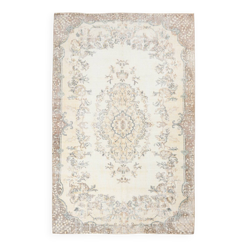 6x10 Cream & Brown Oriental Floral Pattern Vintage Rug, 193x298Cm