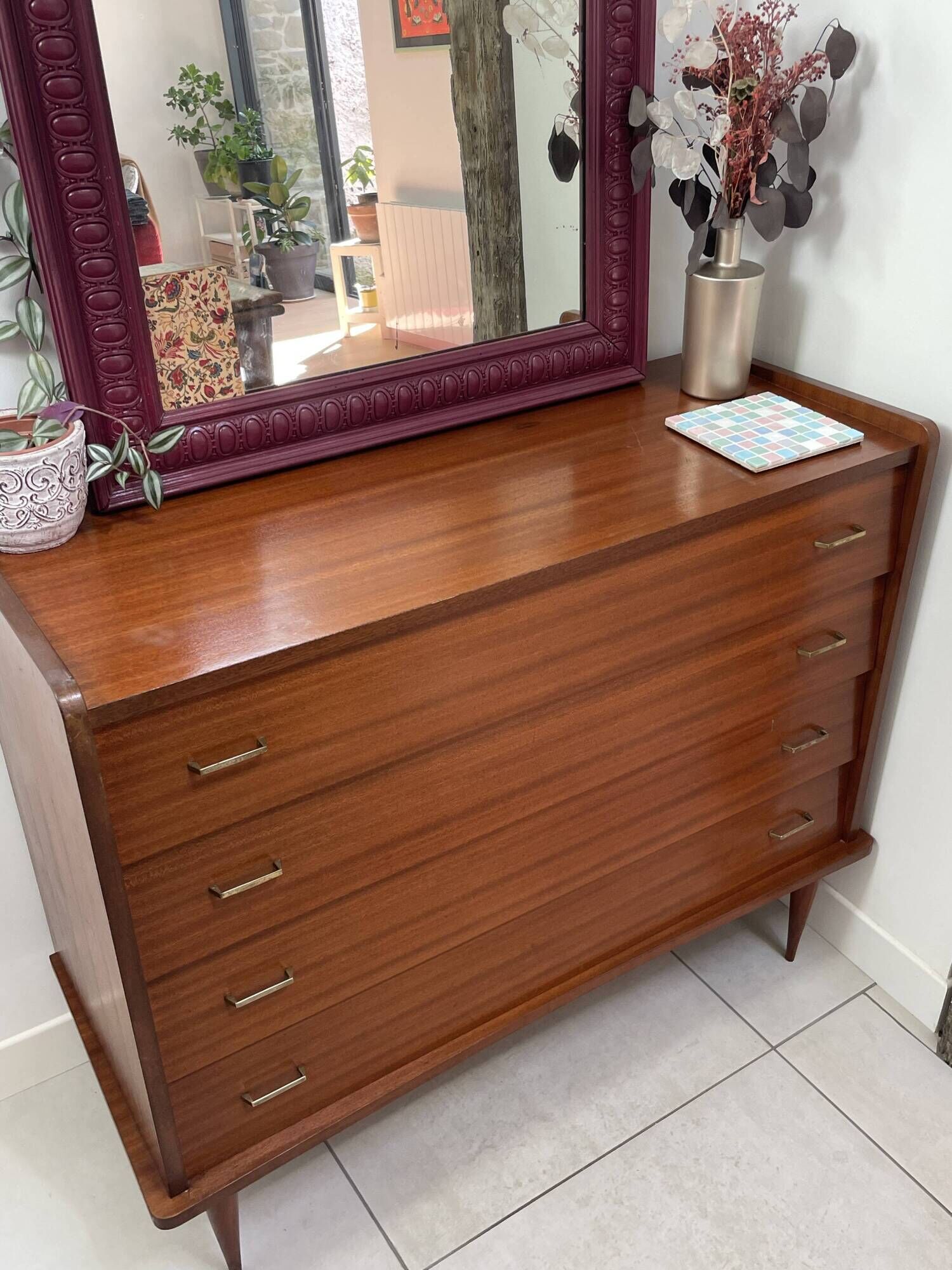 Commode vintage 4 tiroirs pieds compas simmob (années 1960/1970)