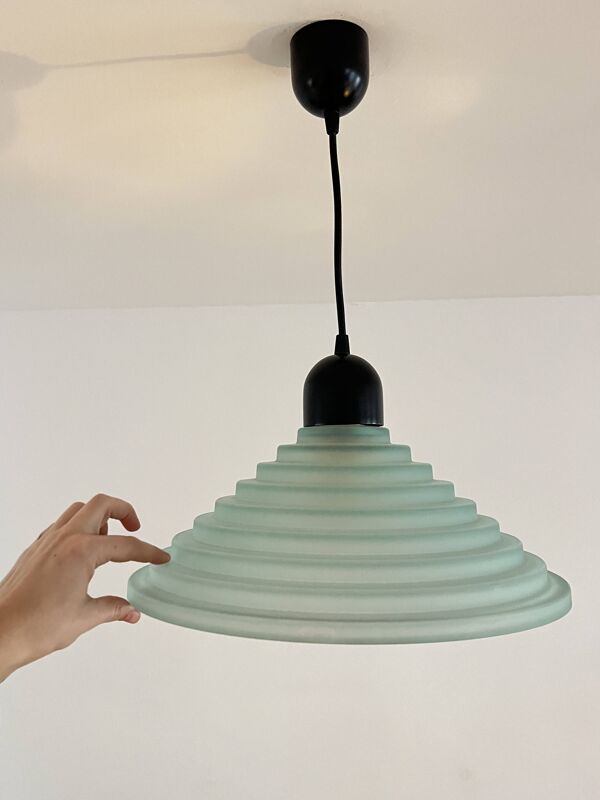 Lampe de plafond vintage en verre alvéolé vert aqua, lampe postmoderne des années 1980.