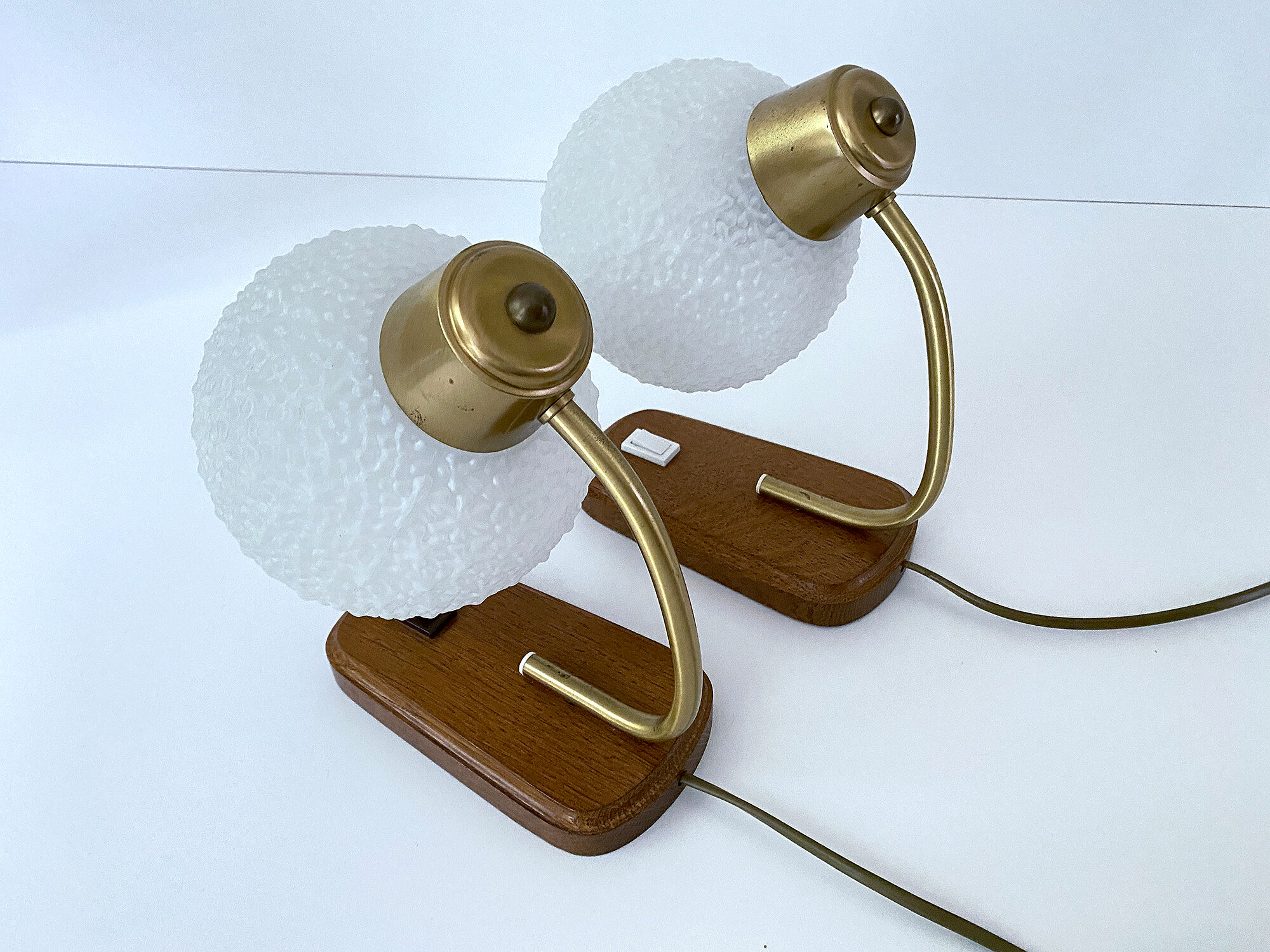 Pair of Scandinavian Vintage Lamps, Wood, Brass and Glass, 60s