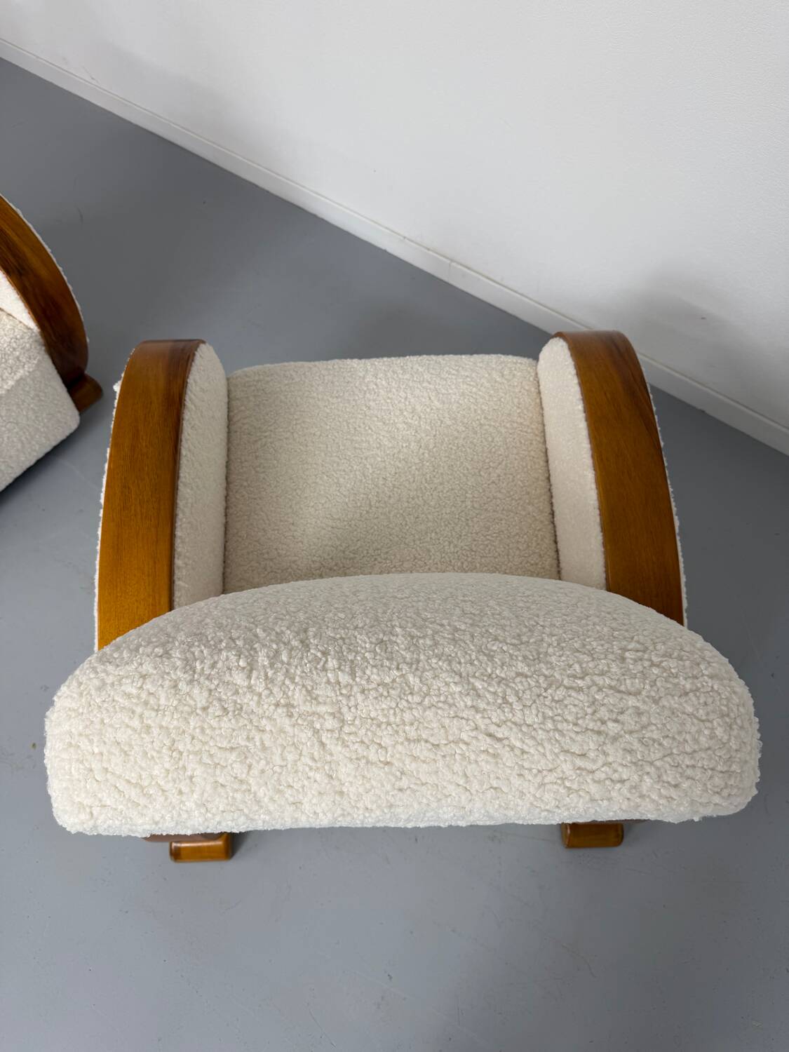 2 antique Art Deco club chairs from the 1930s, bentwood frame, bouclé fabric