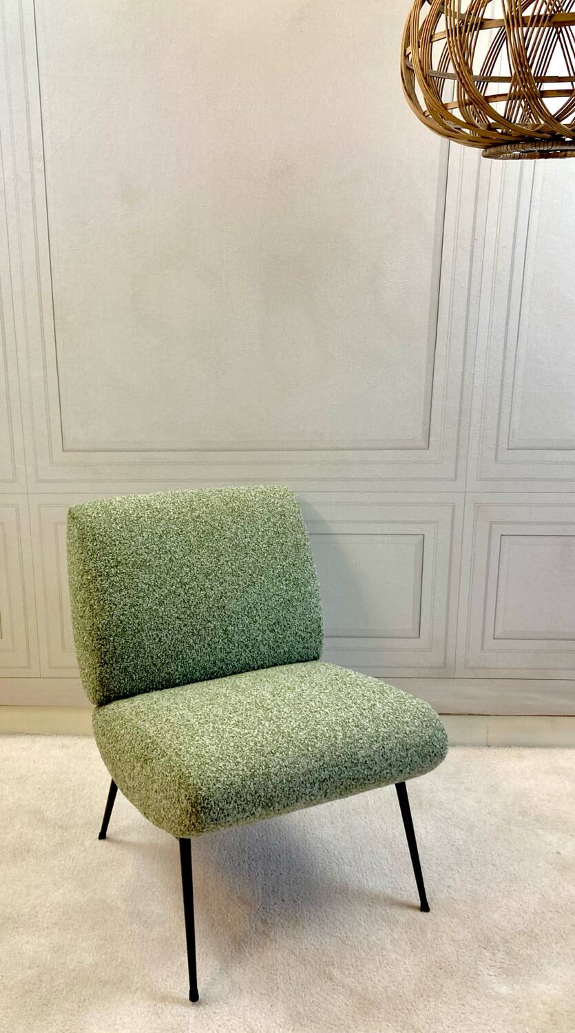 Chauffeuses vintage Kiss Pelfran rénovées – tissu bouclé vert