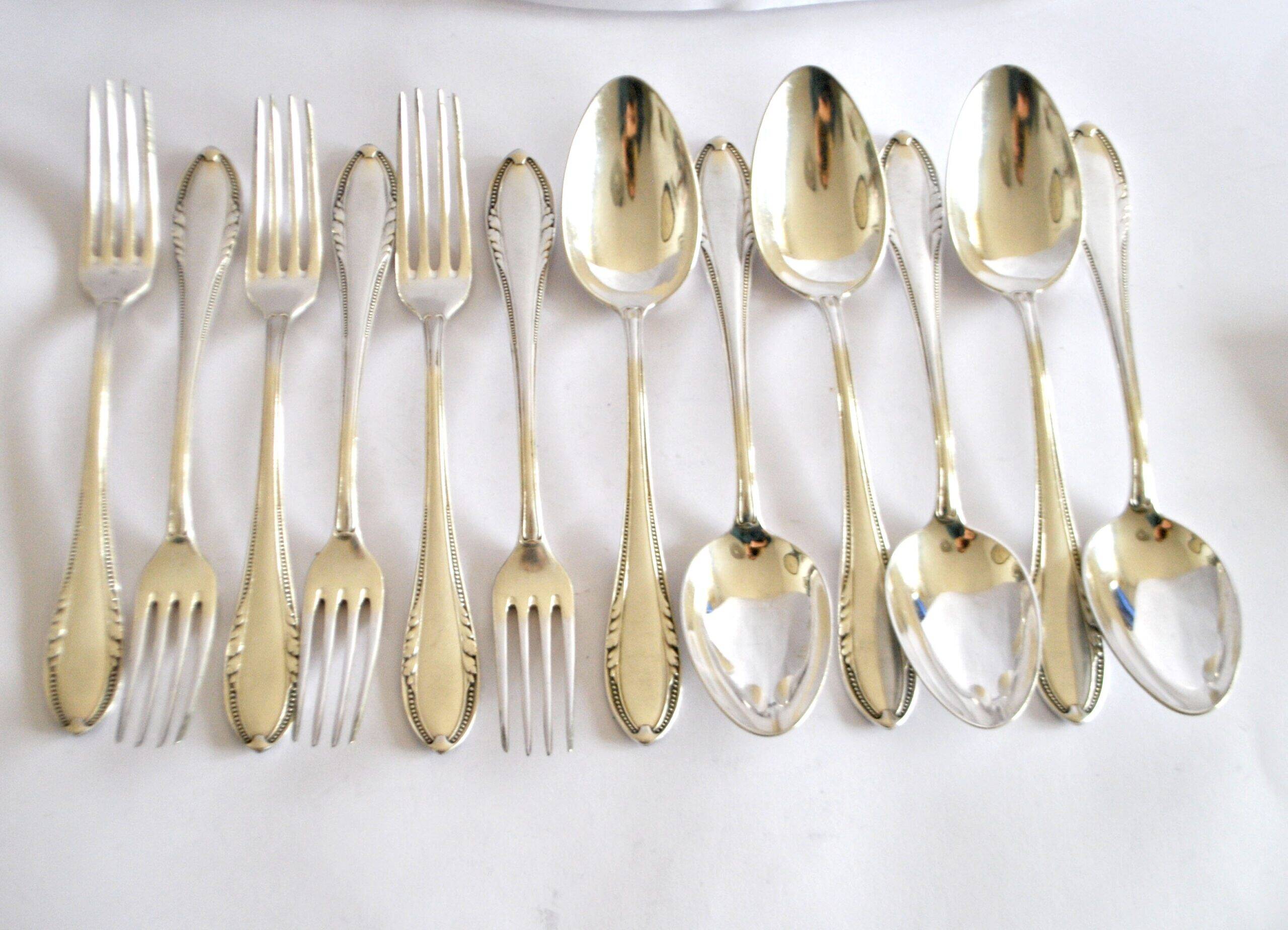 Table cover pearl 6 forks + 6 silver-plated metal spoons German Wellner Silber 21cm