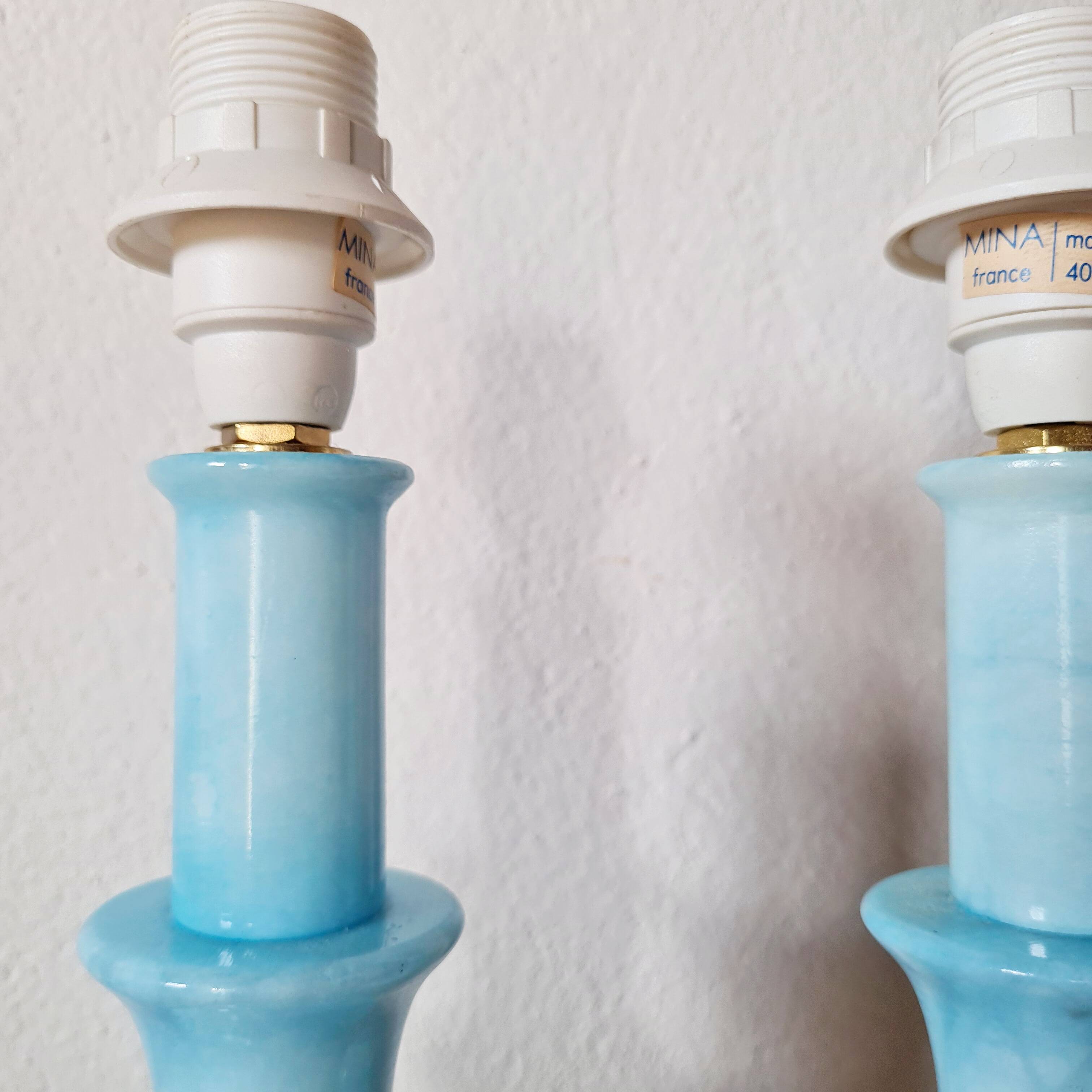 Pair of vintage azure blue alabaster bedside lamps