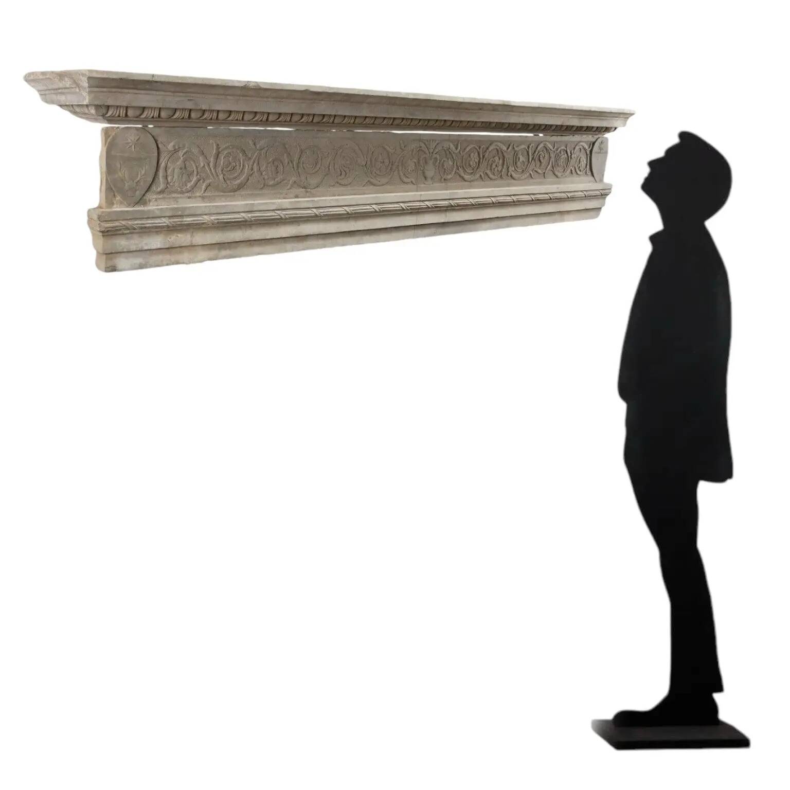 Ancient Renaissance fireplace lintel in pietra serena stone, 15th century.