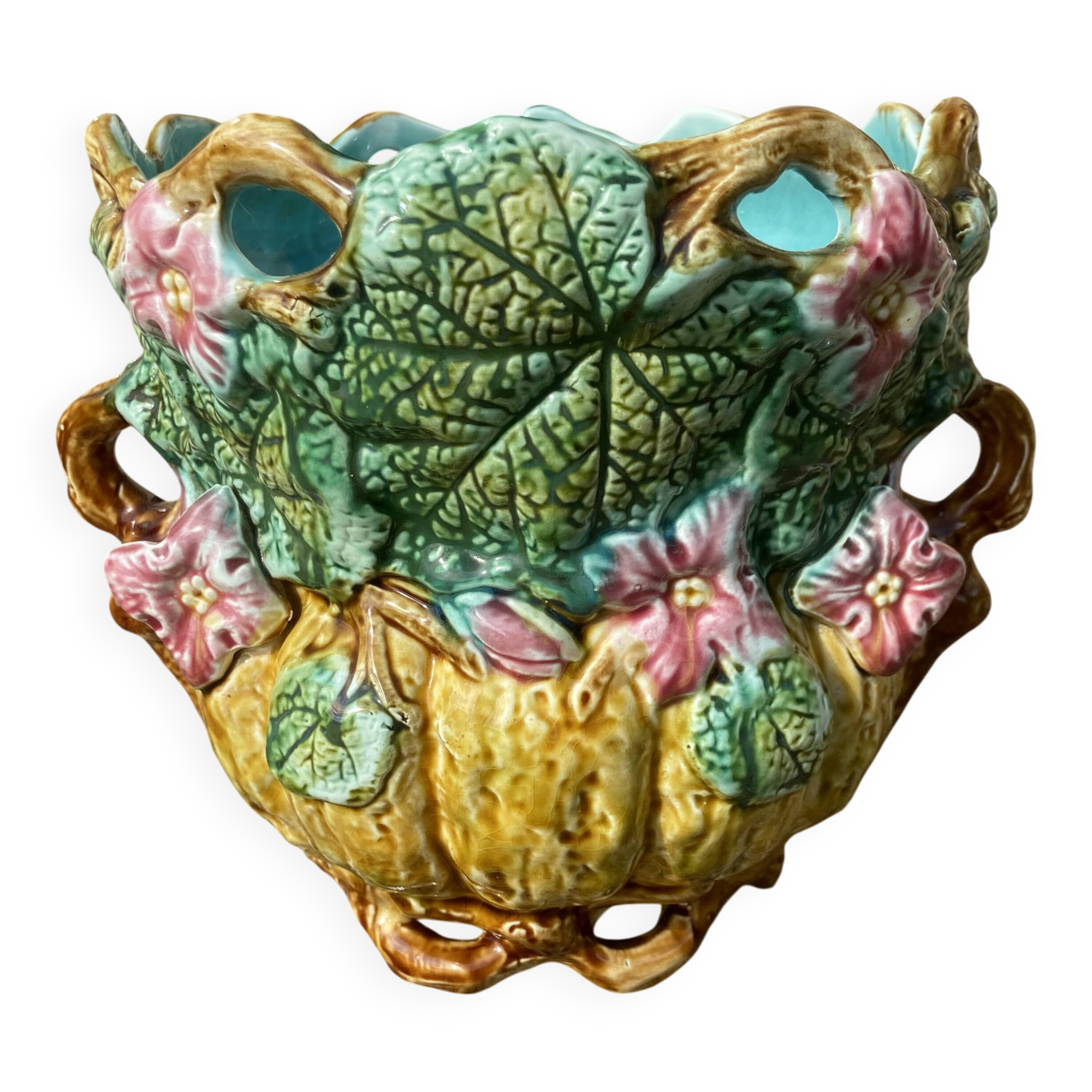 Antique cache-pot in majolica with floral decoration – Turquoise interior