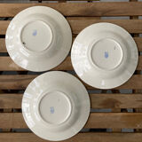 3 assiettes creuses anciennes Badonvillier, traits entrecroisés rouges et bleus