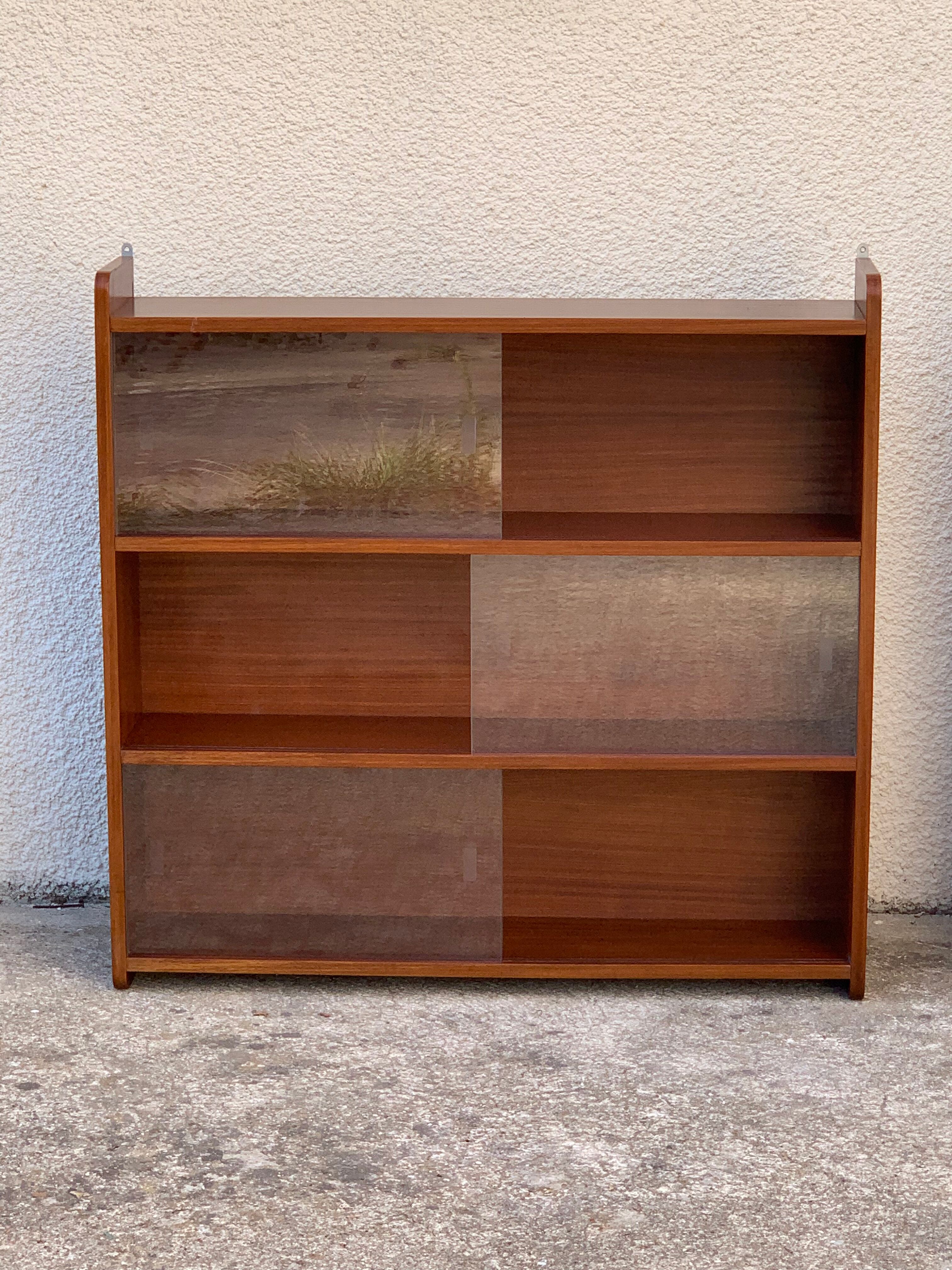 glass wall bookcase in vintage teak 1950