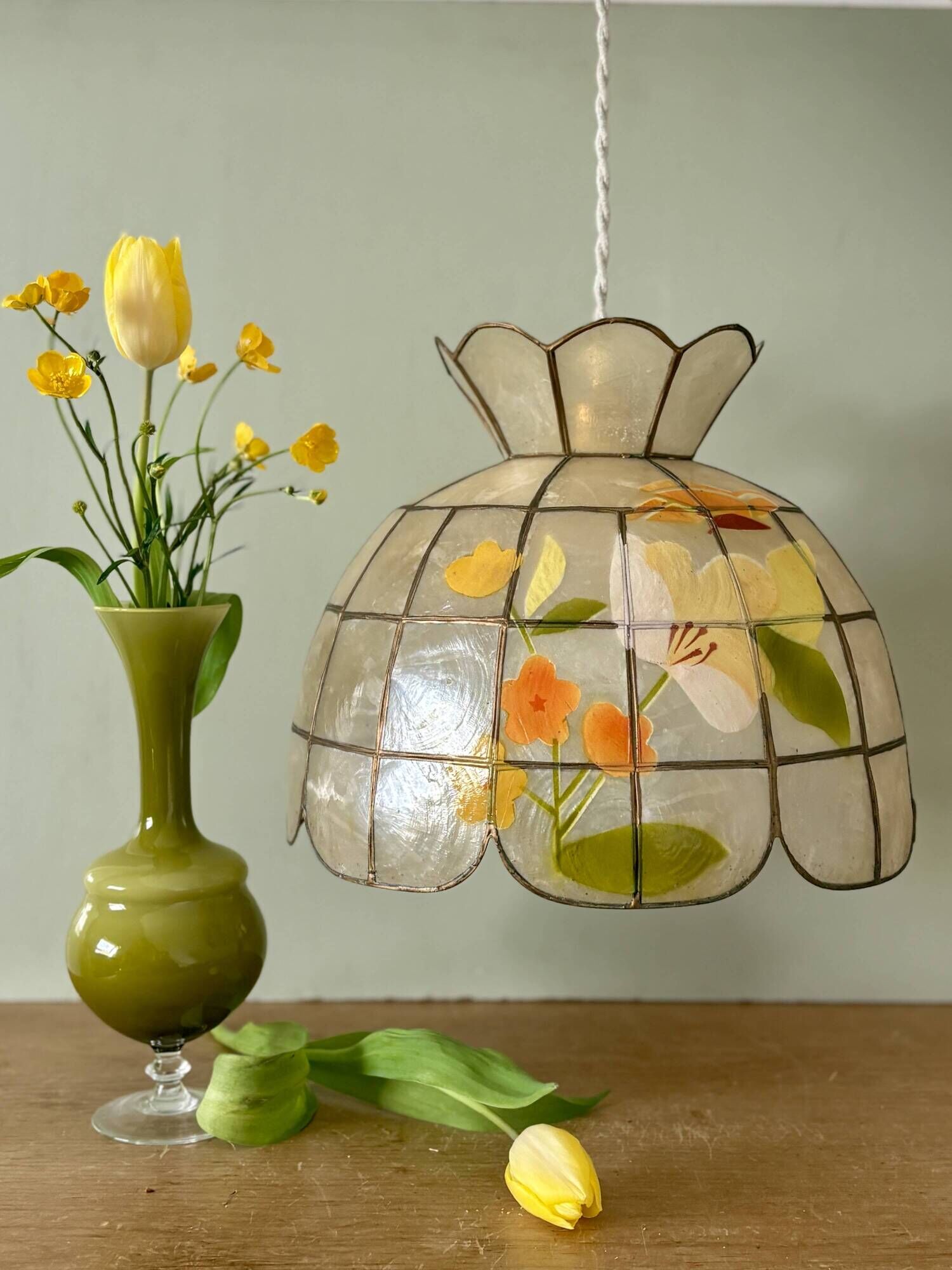 Vintage mother-of-pearl and brass lampshade pendant light with flower decorations
