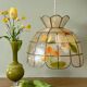 Vintage mother-of-pearl and brass lampshade pendant light with flower decorations