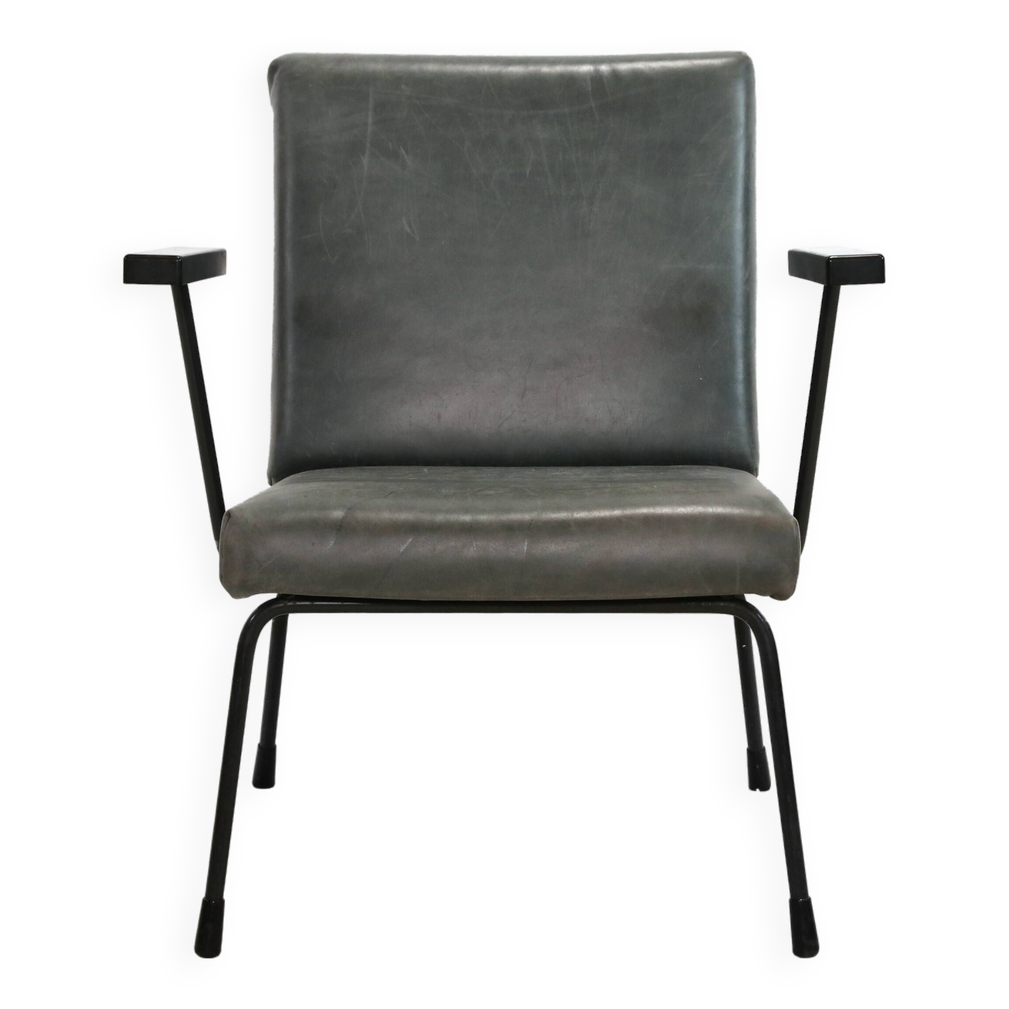 Dutch modernist Gispen 1401 Armchair by Wim Rietveld in green leather