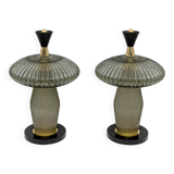 Paire de lampes de table en forme de champignon en verre de Murano et laiton